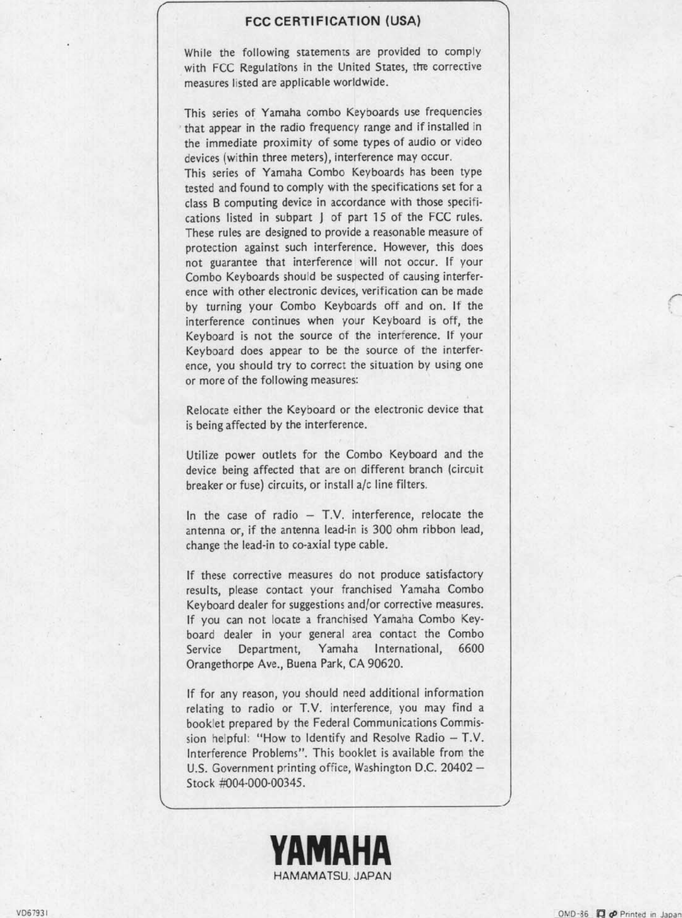 Page 8 of 8 - Yamaha  KX5 Owner's Manual (Image) KX5E