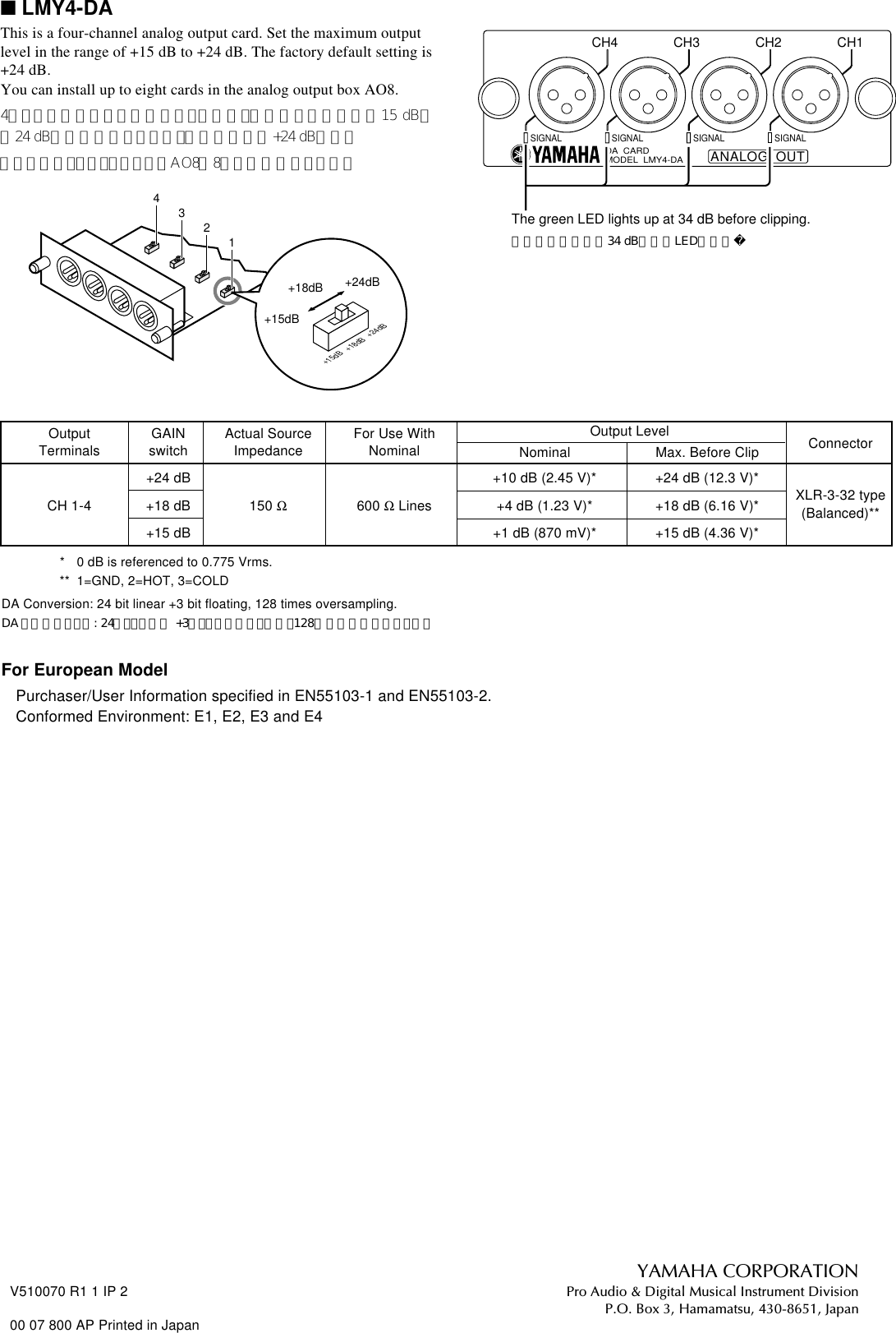 Yamaha I/O Cards LMY2 ML/LMY4 AD/LMY4 DA Owner's Manual LMY2ML E