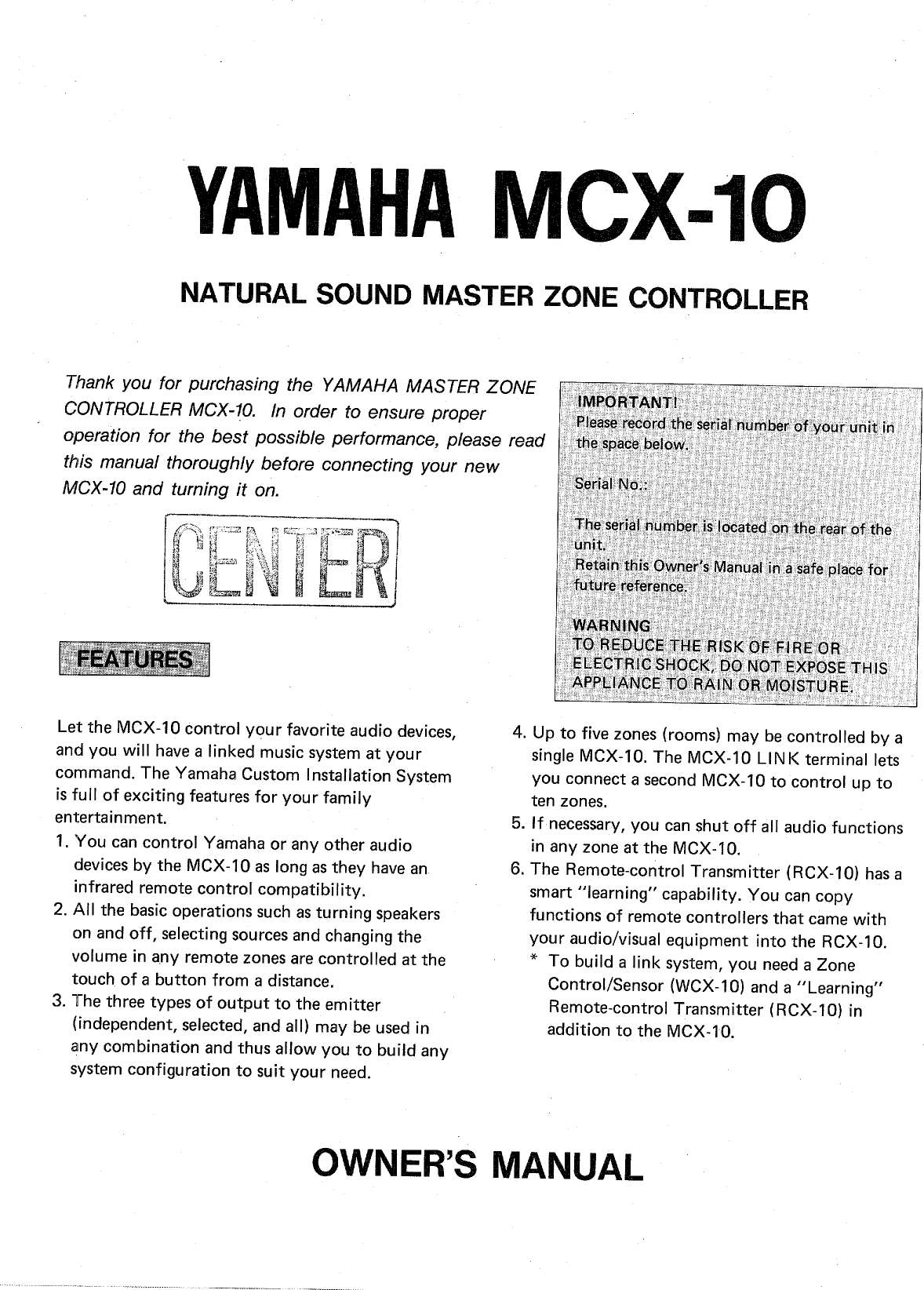 Page 1 of 6 - Yamaha .橡.ページ) MCX-10 OWNER'S MANUAL