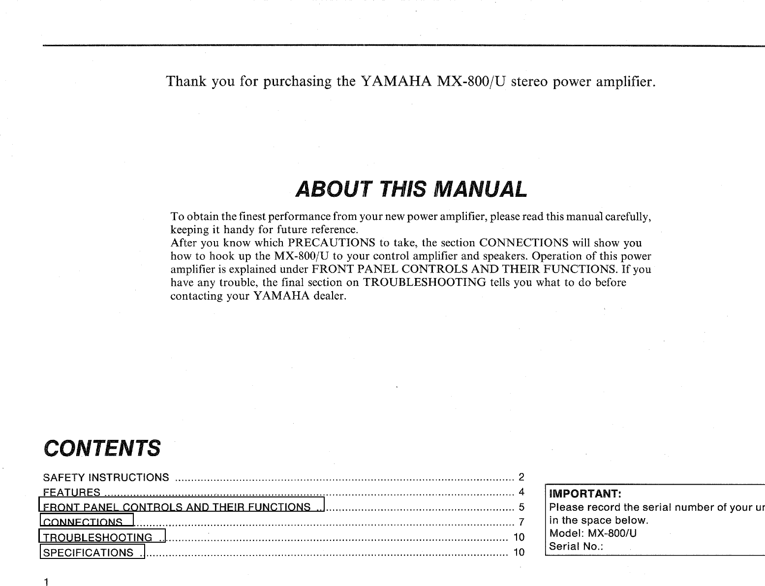 Page 2 of 12 - Yamaha .橡.ページ) MX-800 OWNER'S MANUAL