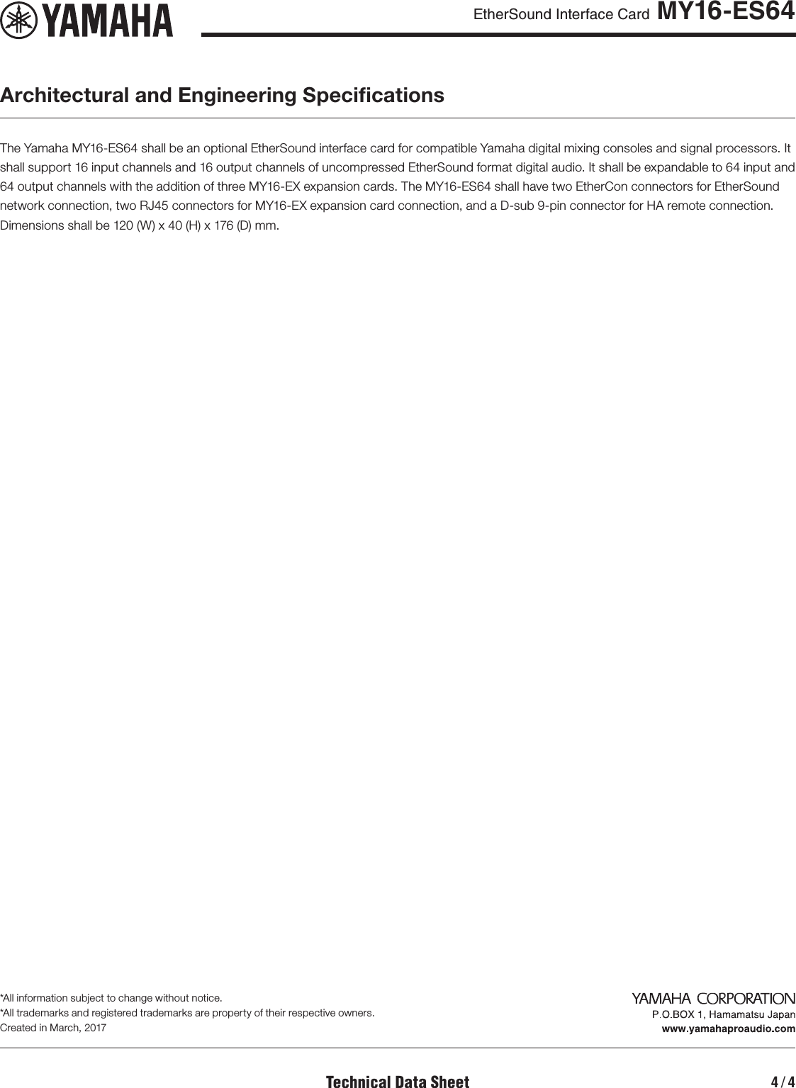 Yamaha MY16 ES64 Data Sheet (MY16 ES64) Datasheet