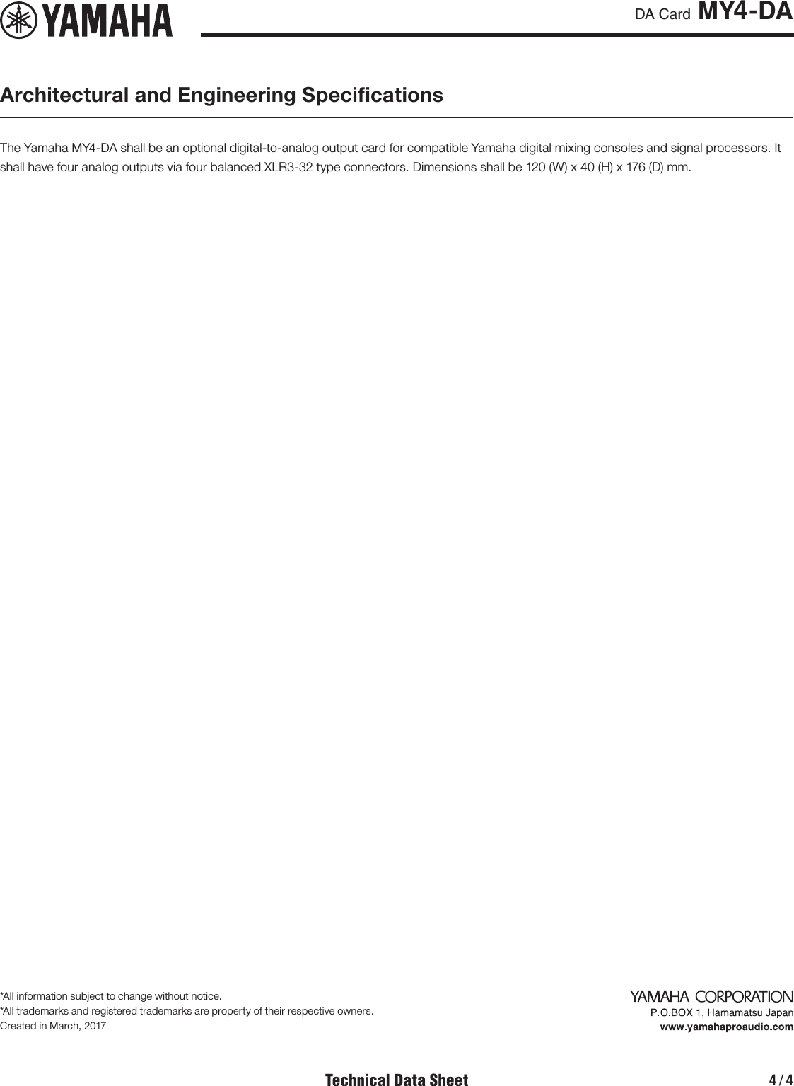 Page 4 of 4 - Yamaha MY4-DA Data Sheet (MY4-DA) Datasheet