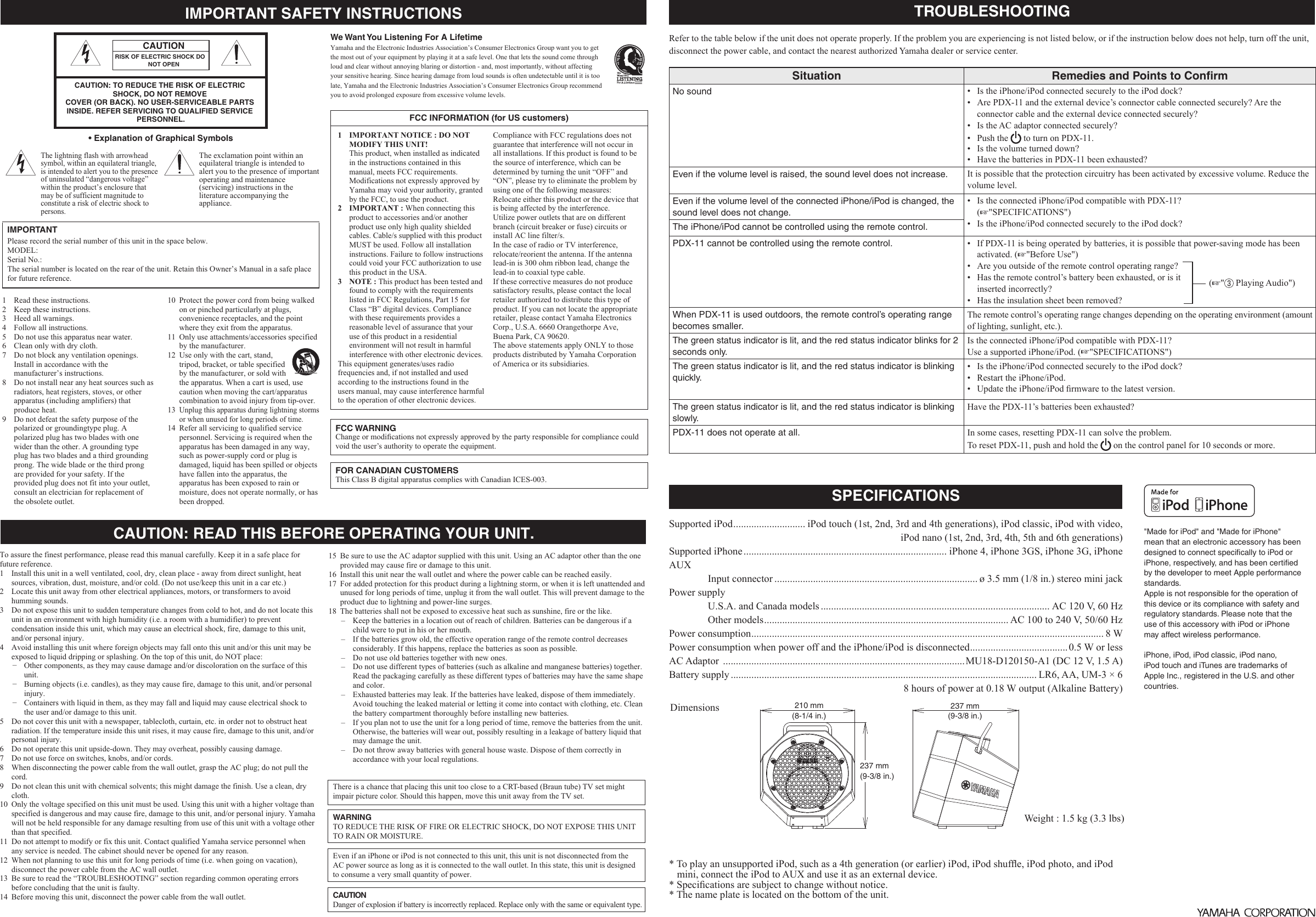 Page 2 of 2 - Yamaha Mp3-Docking-Station-Pdx-11-Users-Manual  Yamaha-mp3-docking-station-pdx-11-users-manual