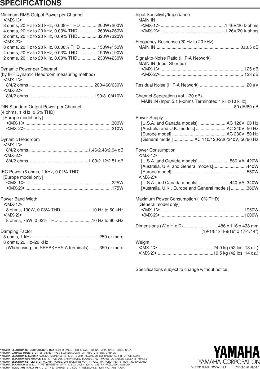 Page 8 of 8 - Yamaha Mx-1-Owners-Manual MX-1/MX-2 USA  Yamaha-mx-1-owners-manual