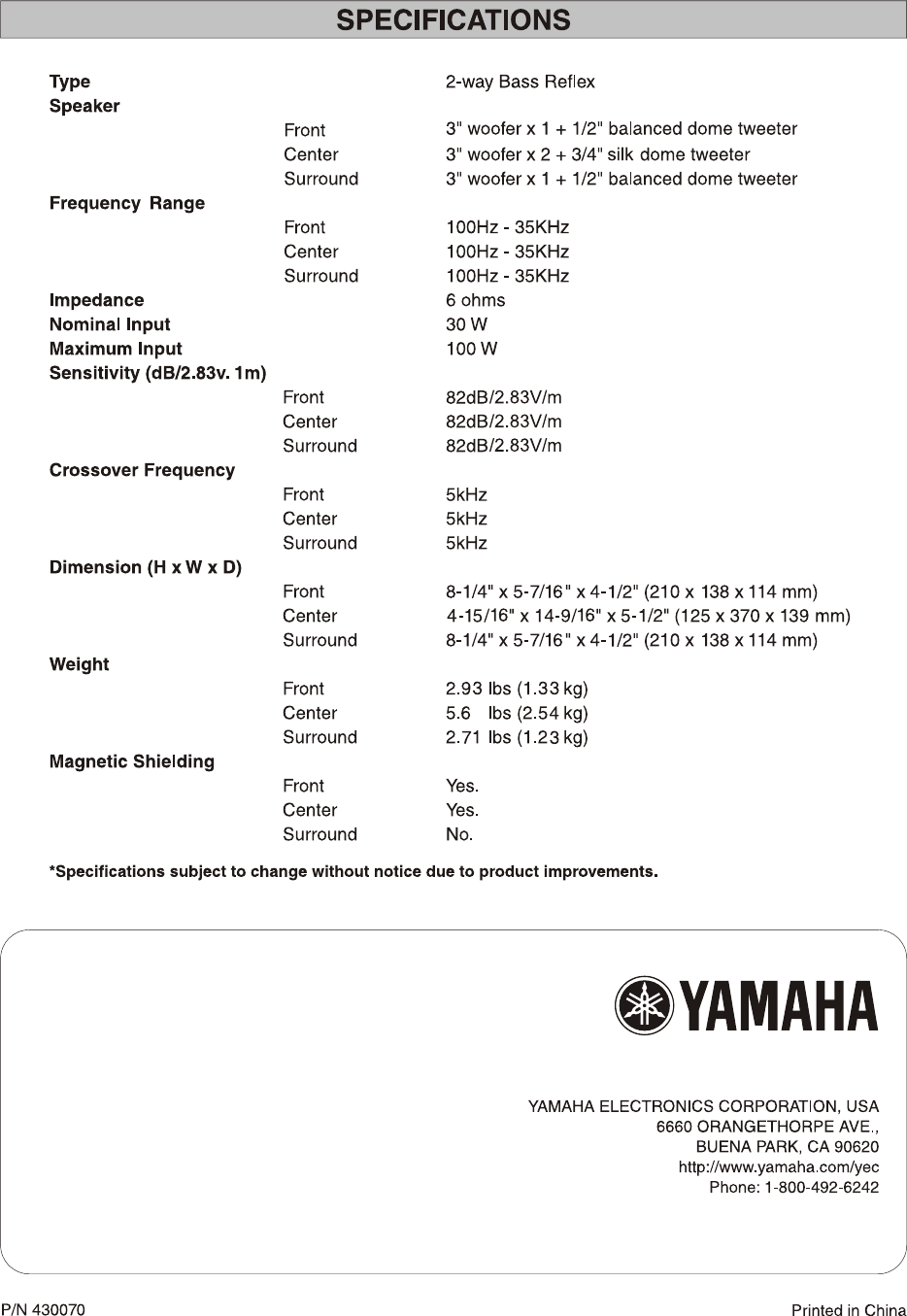 Page 8 of 8 - Yamaha 6505 NS-AP6505 Home Cinema Speaker Package Owners Manual NS-AP6505BL