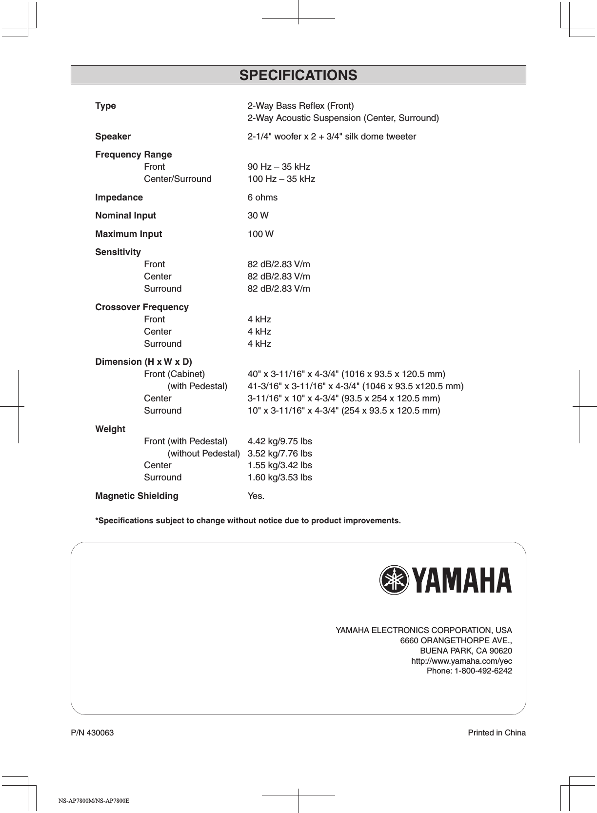 Page 8 of 8 - Yamaha NS-AP7800M Owner's Manual NS-AP7800