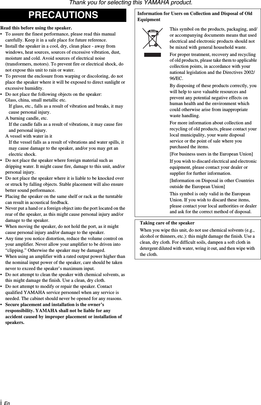 Page 2 of 6 - Yamaha NS-B750_G NS-B750 Owners Manual NSB750 TG En