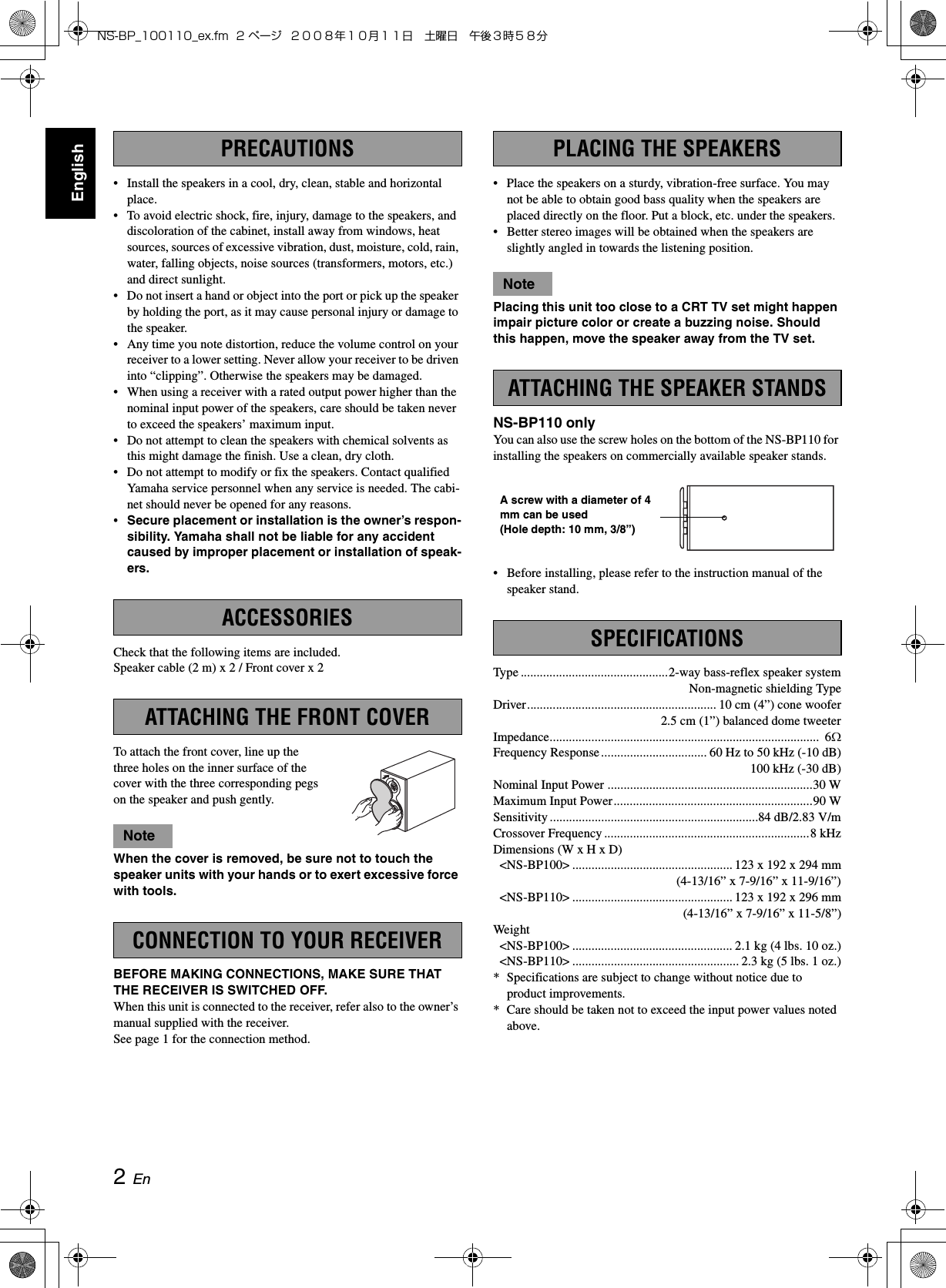 Page 2 of 4 - Yamaha NS-BP100/NS-BP110 NS-BP110 Owners Manual