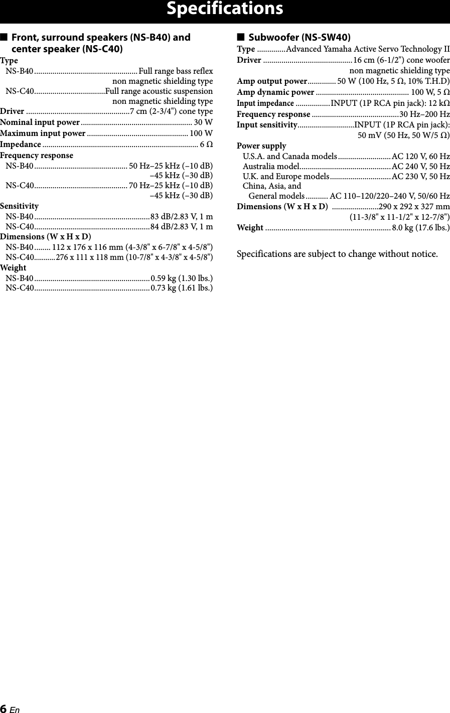 Page 10 of 11 - Yamaha NS-P40 Owners Manual
