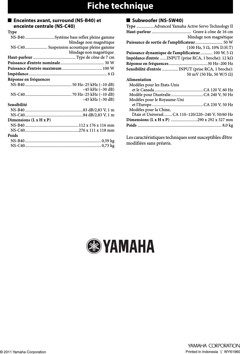Page 11 of 11 - Yamaha NS-P40 Owners Manual