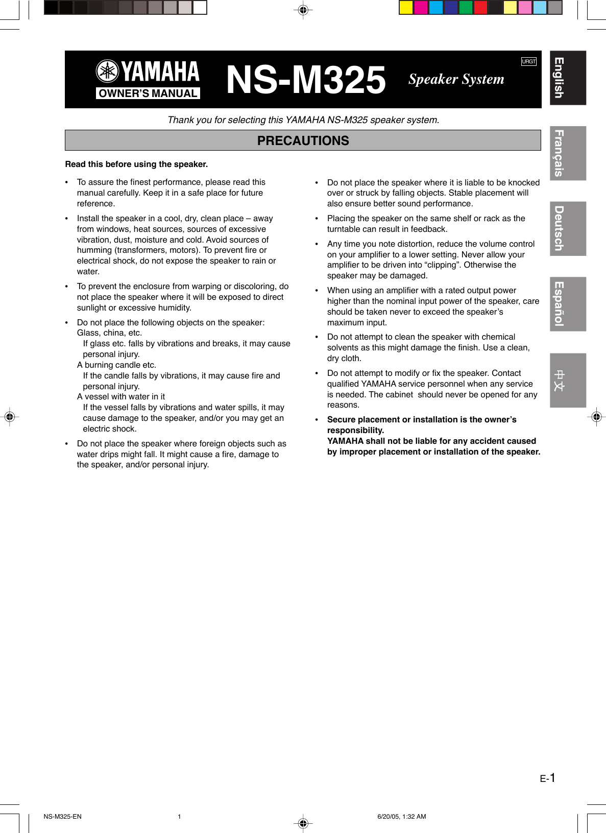 Page 1 of 4 - Yamaha Ns-M325-Owners-Manual  Yamaha-ns-m325-owners-manual