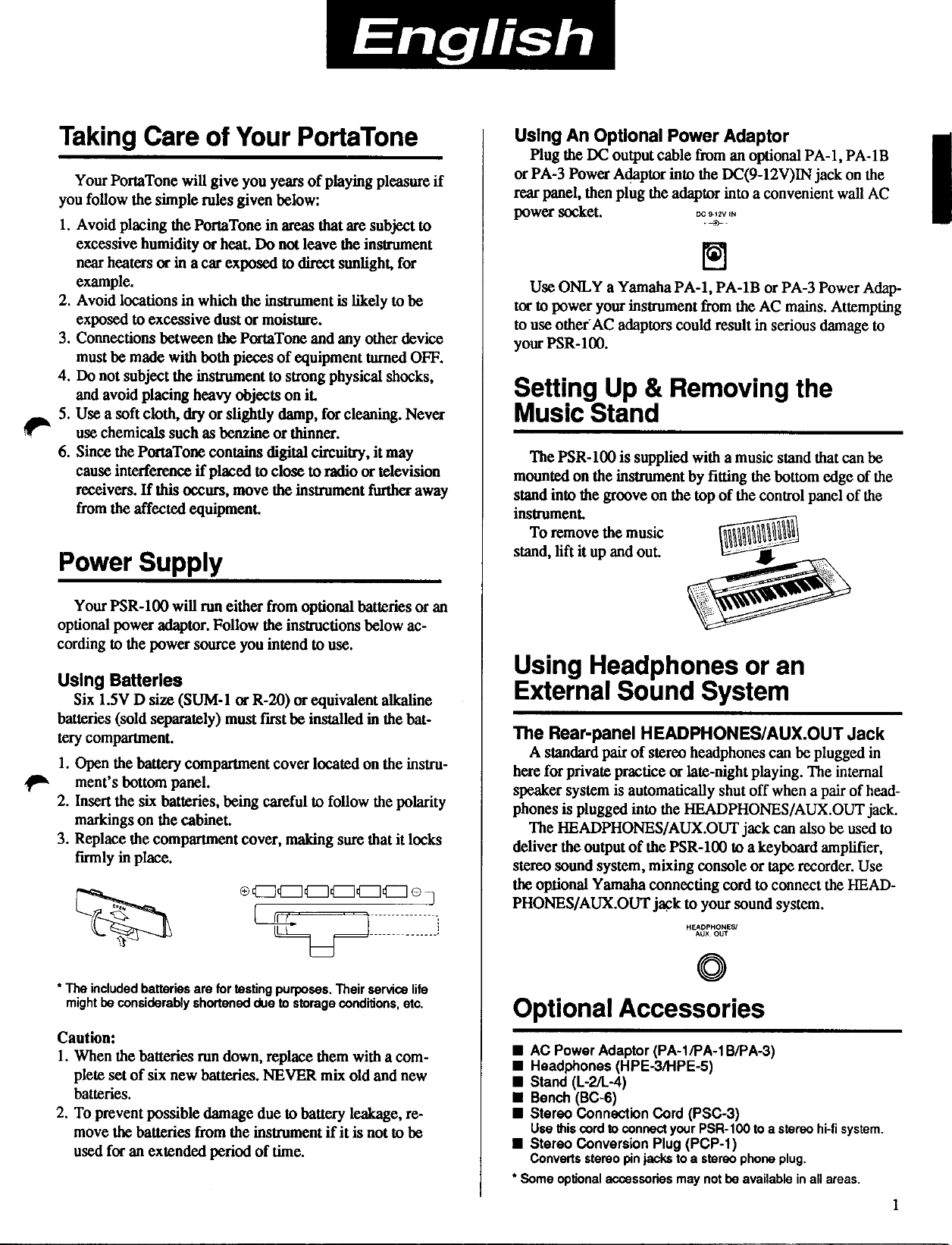 Page 3 of 10 - Yamaha  PSR-100 Owner's Manual PSR100E