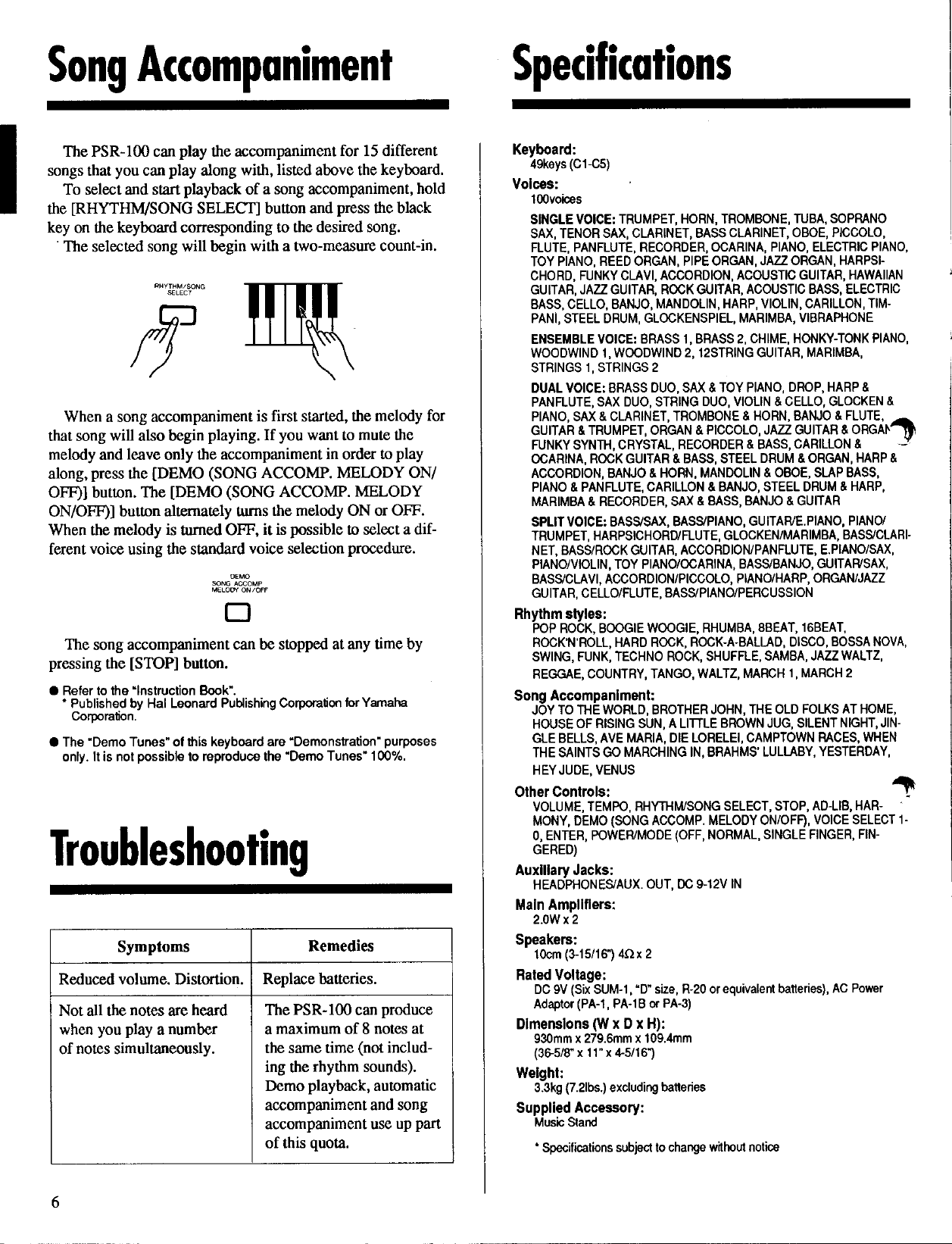 Page 8 of 10 - Yamaha  PSR-100 Owner's Manual PSR100E