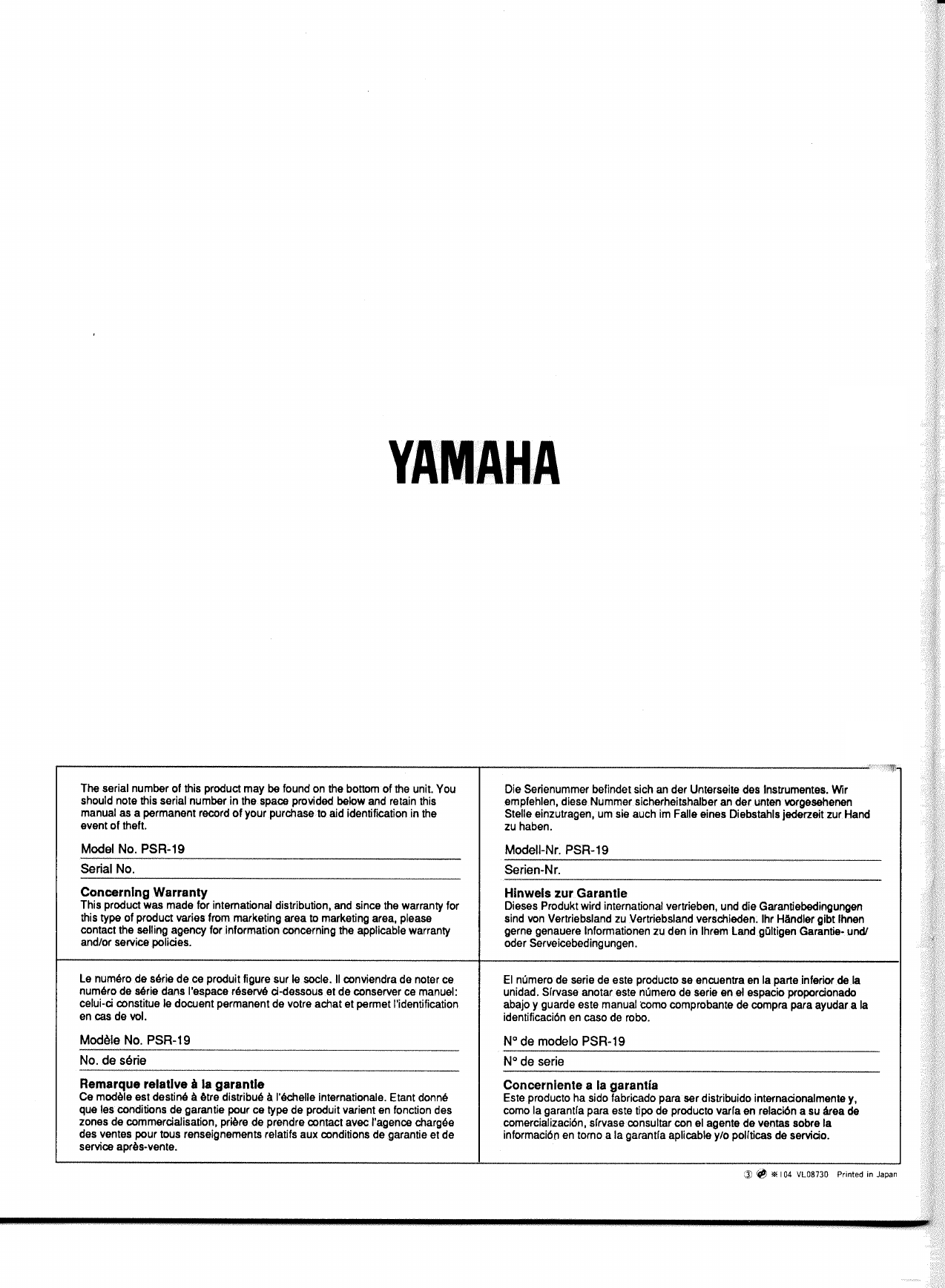 Page 11 of 11 - Yamaha PSR-19 E.G. Owner's Manual (Image) PSR19F