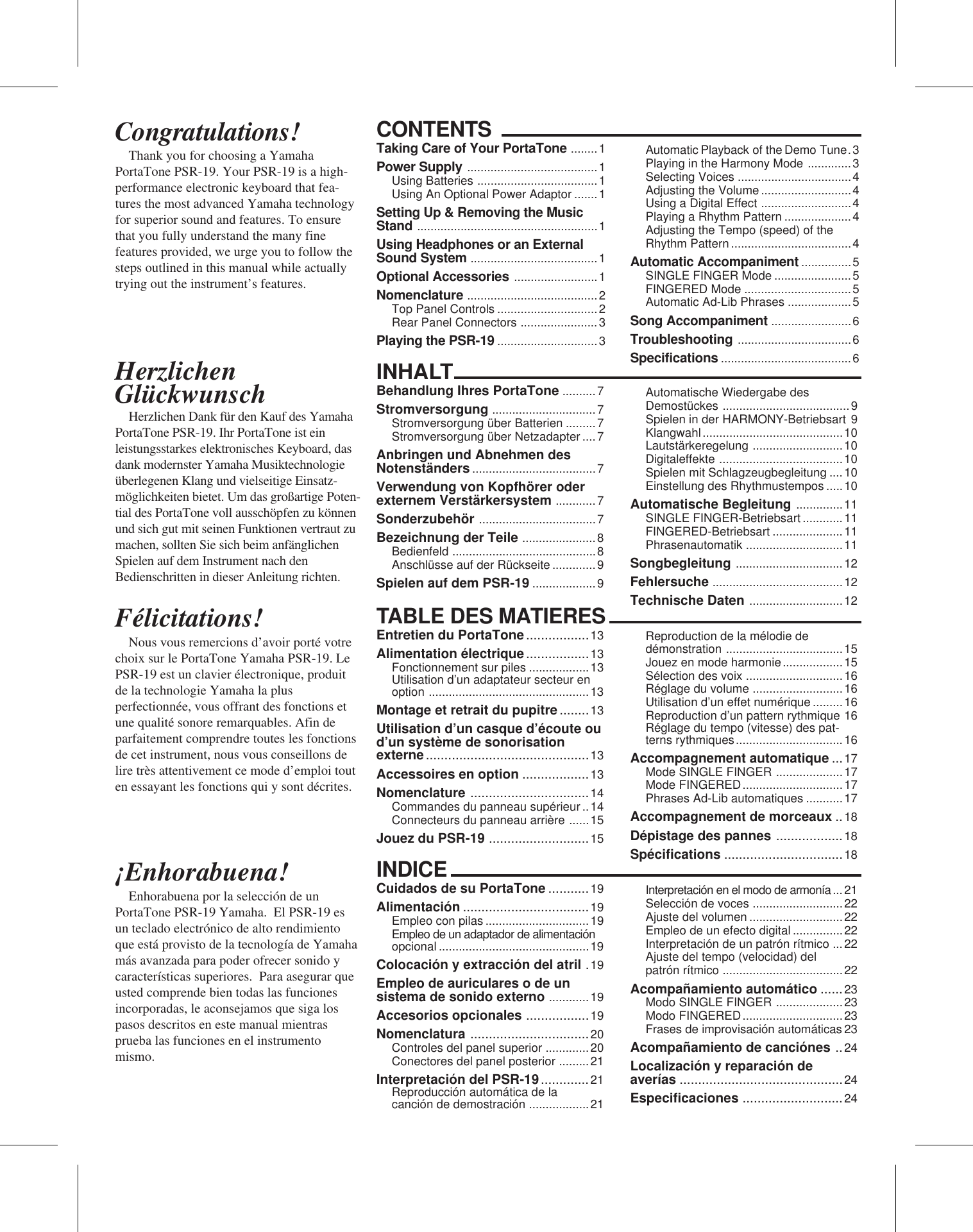 Page 2 of 11 - Yamaha PSR-19 E.G. Owner's Manual (Image) PSR19F