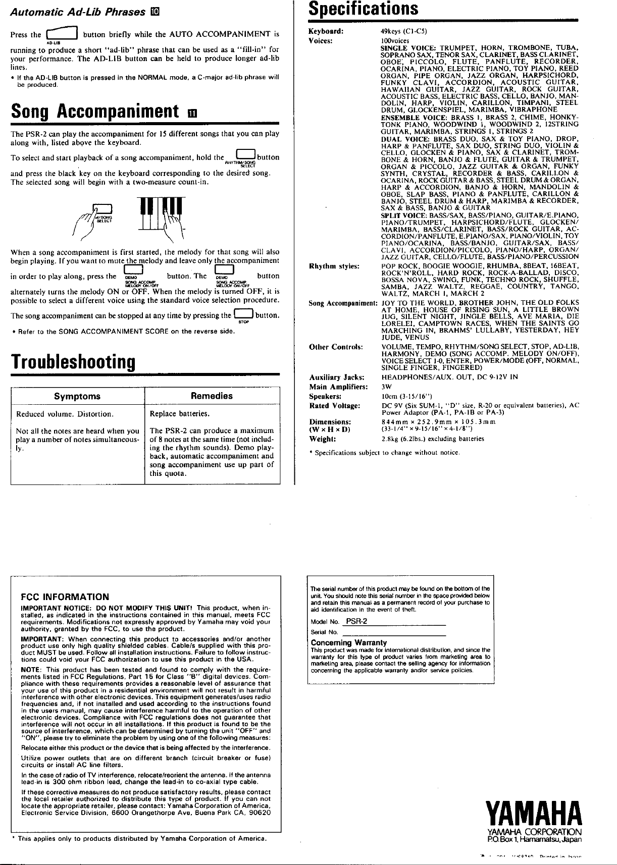 Page 5 of 11 - Yamaha  PSR-2 Owner's Manual (Image) PSR2E
