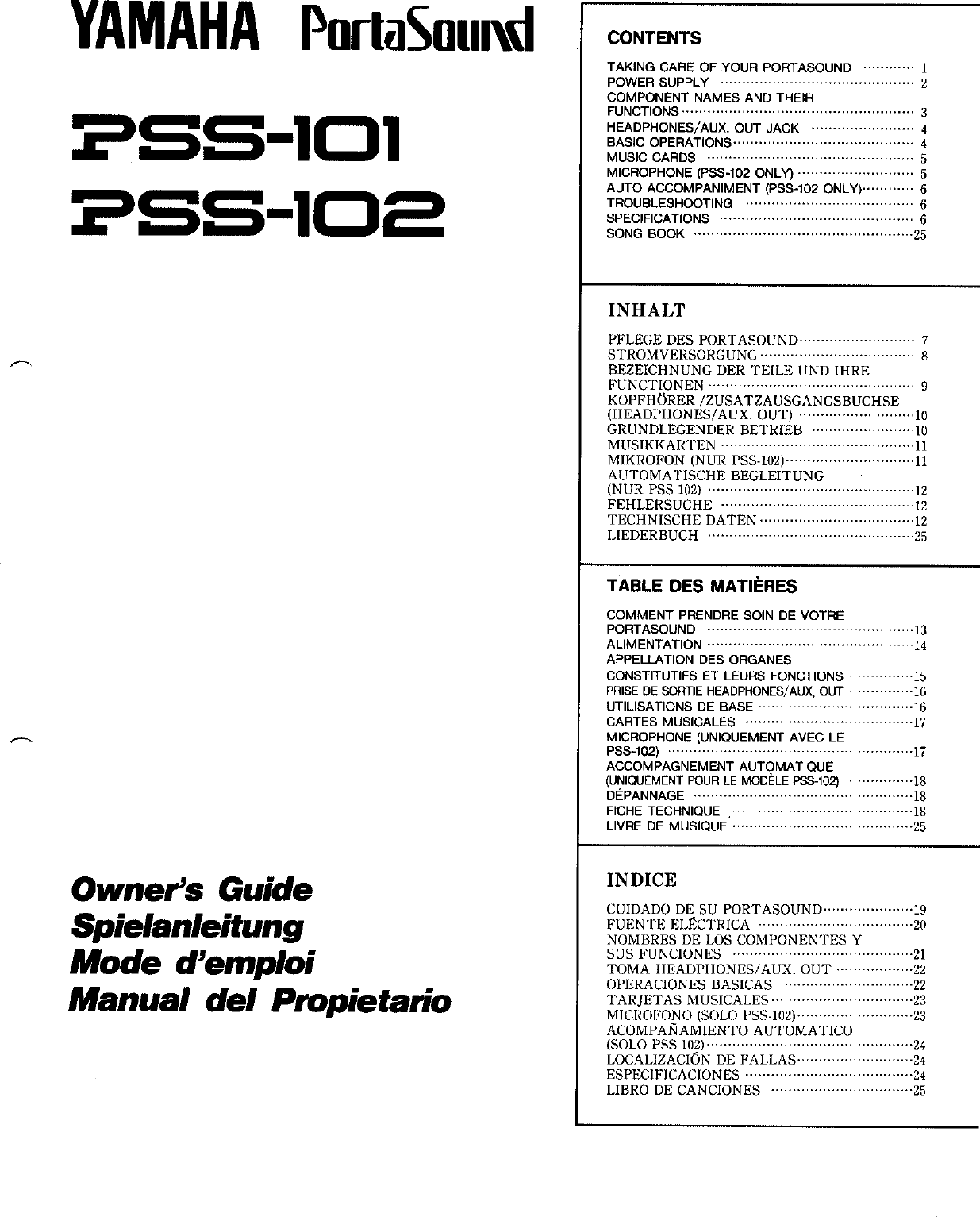 Page 1 of 11 - Yamaha  PSS-101/PSS-102 Owner's Manual (Image) PSS102F