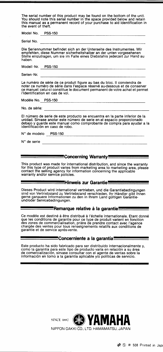 Page 11 of 11 - Yamaha  PSS-150 Owner's Manual PSS150E