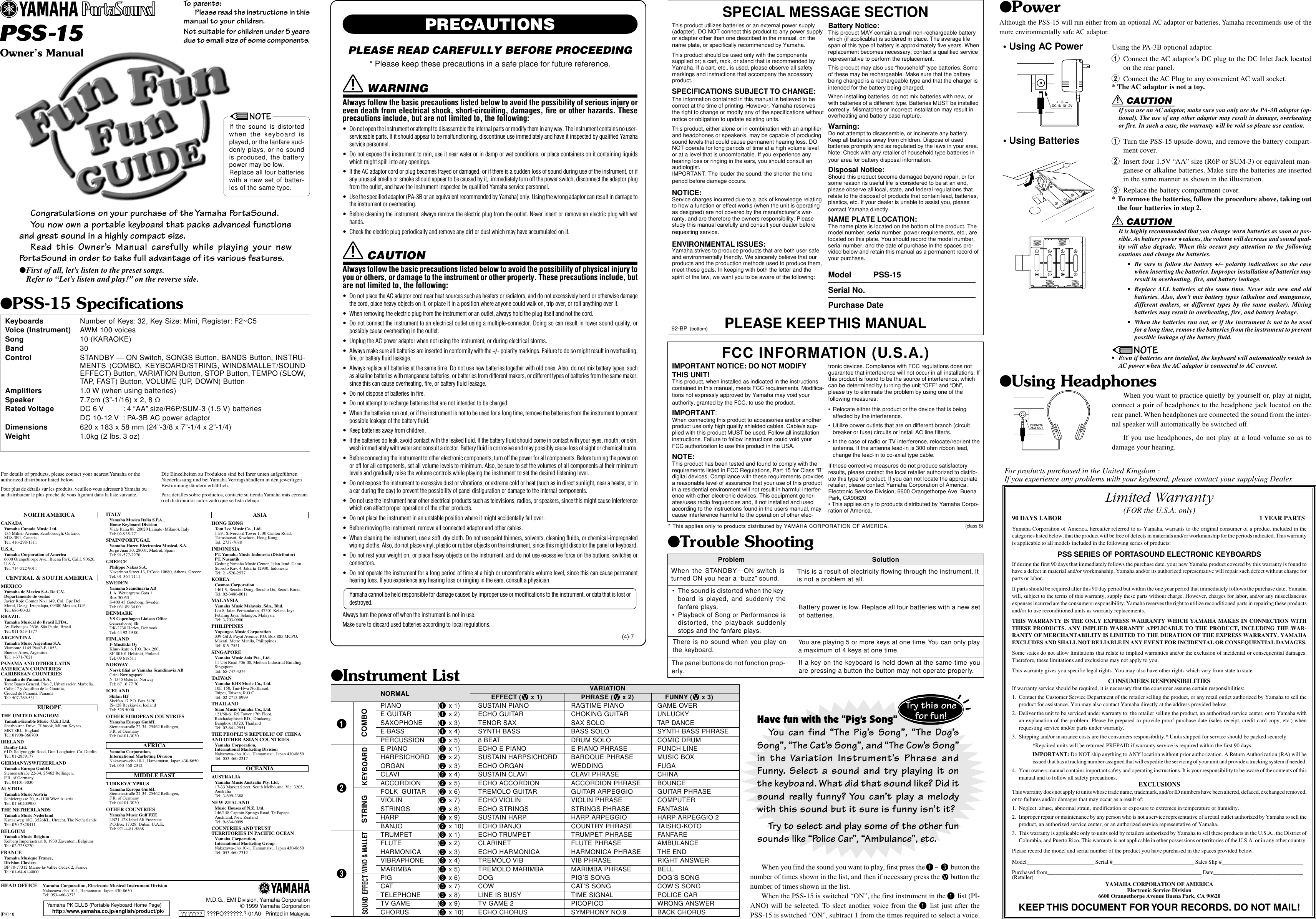 Page 1 of 2 - Yamaha  PSS-15 Owner's Manual PSS15E