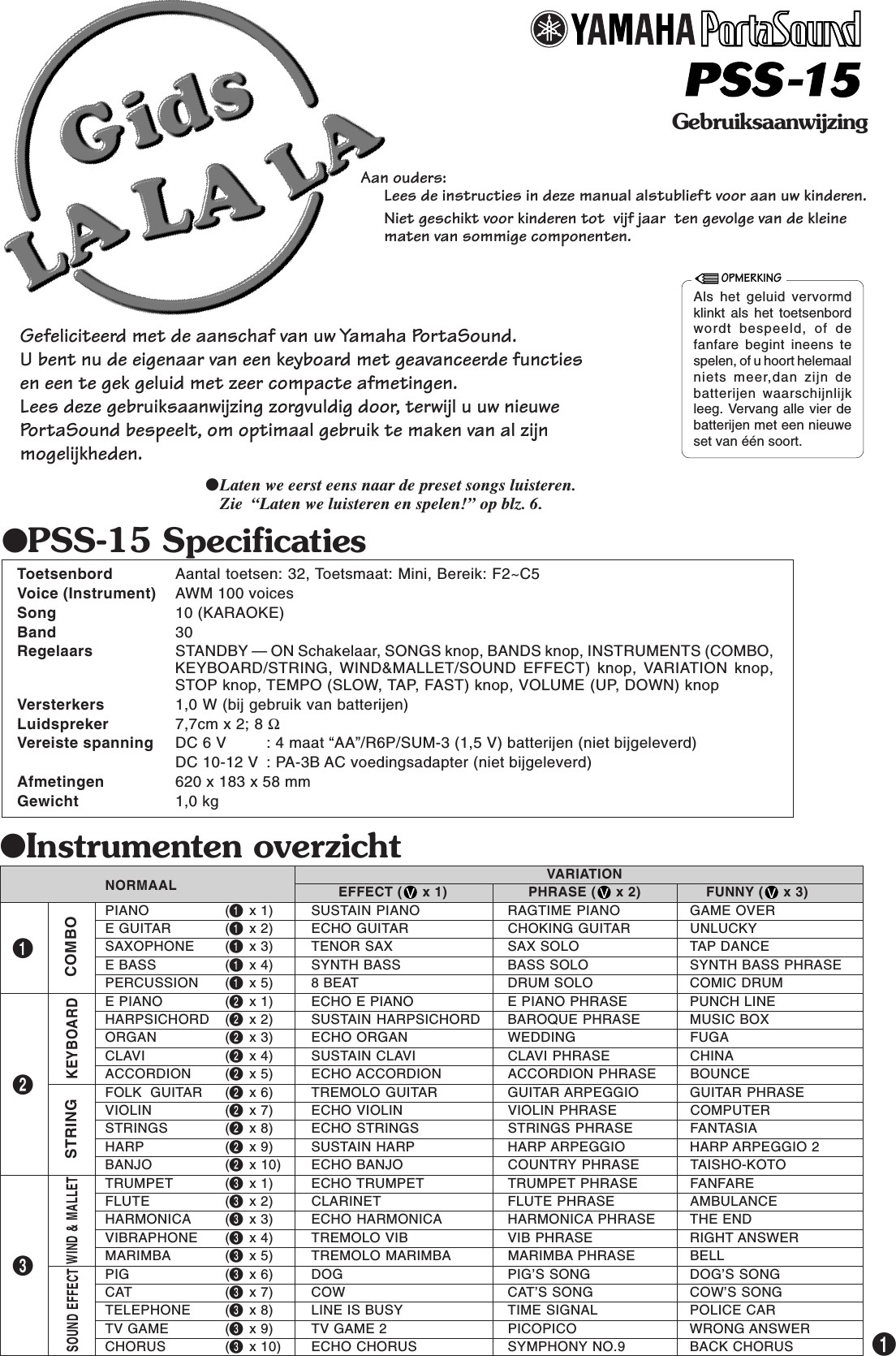 Page 1 of 8 - Yamaha PSS15NL PSS-15 Owner's Manual