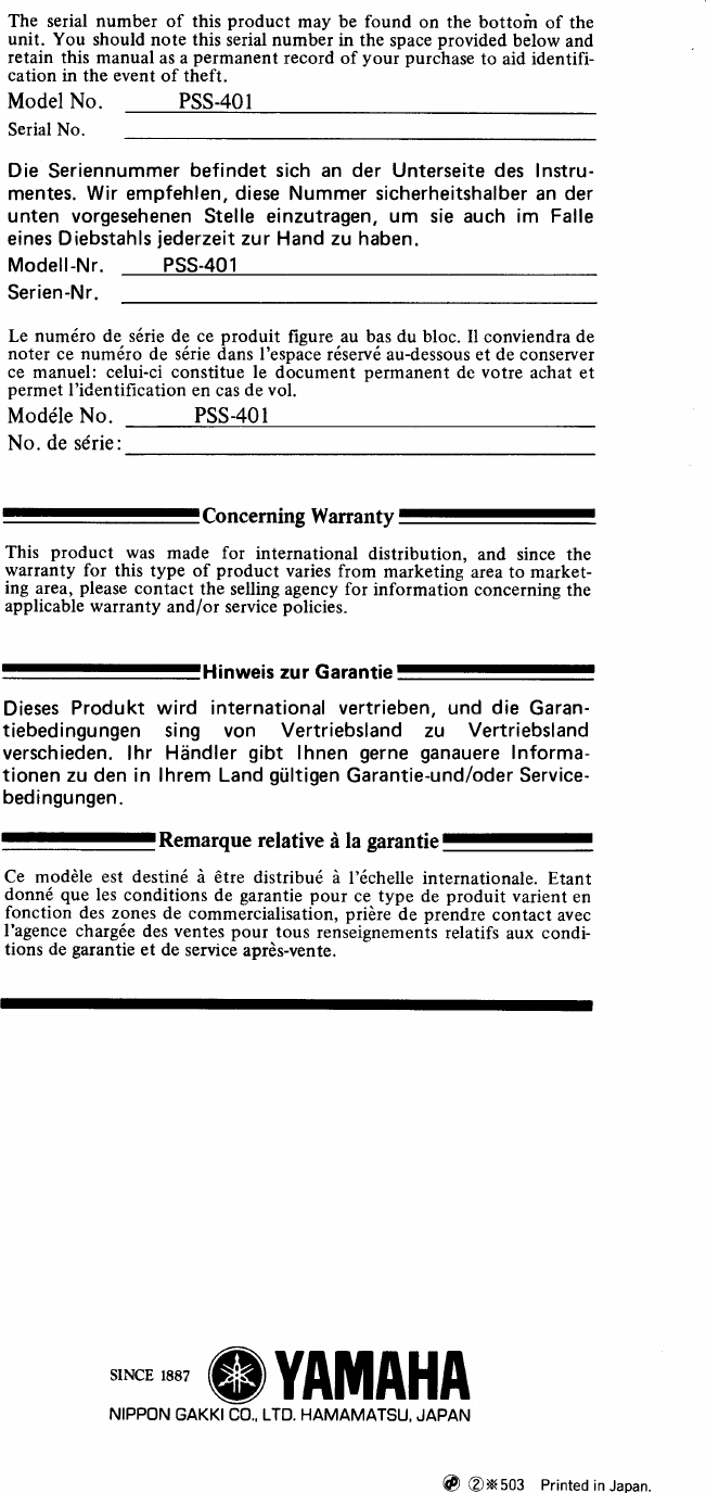 Page 10 of 10 - Yamaha  PSS-401 Owner's Manual PSS401G