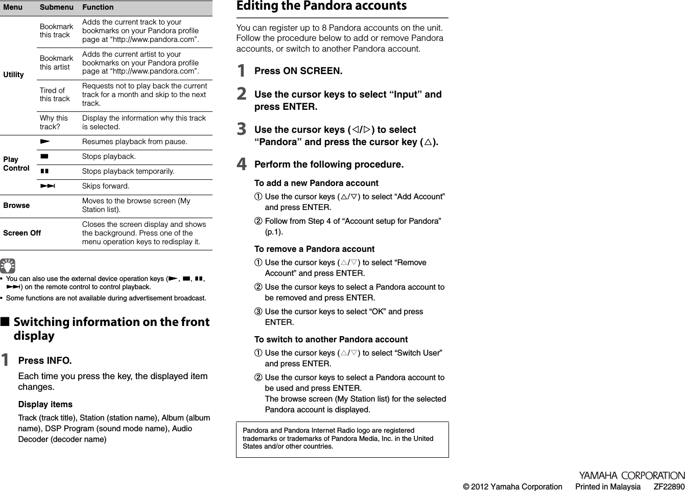 Page 4 of 4 - Yamaha  Supplement For Pandora English