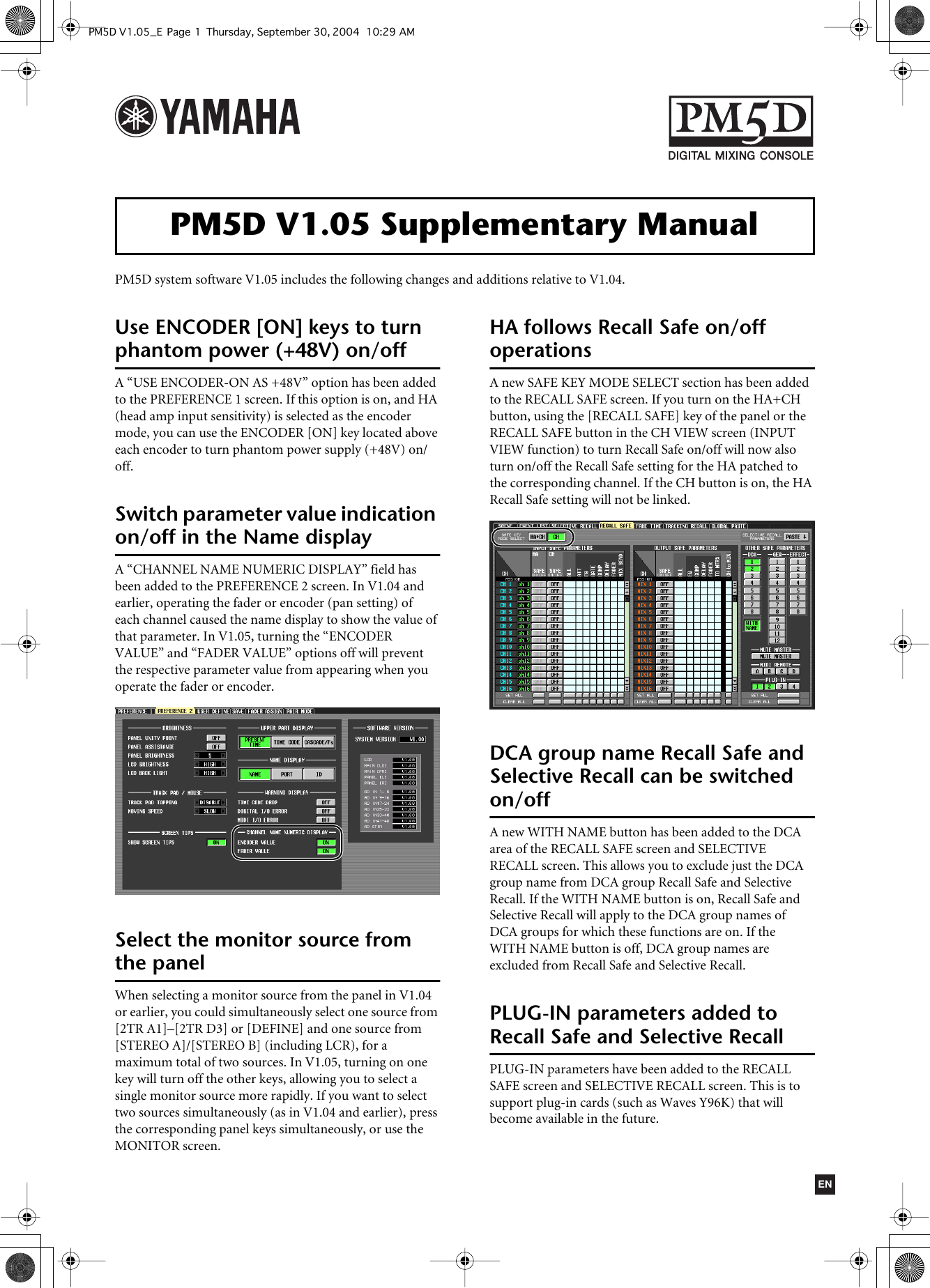 Page 1 of 2 - Yamaha Pm5D-Pm5D-Rh-V1-05-Supplementary-Manual Yamaha-pm5d-pm5d-rh-v1-05-supplementary-manual