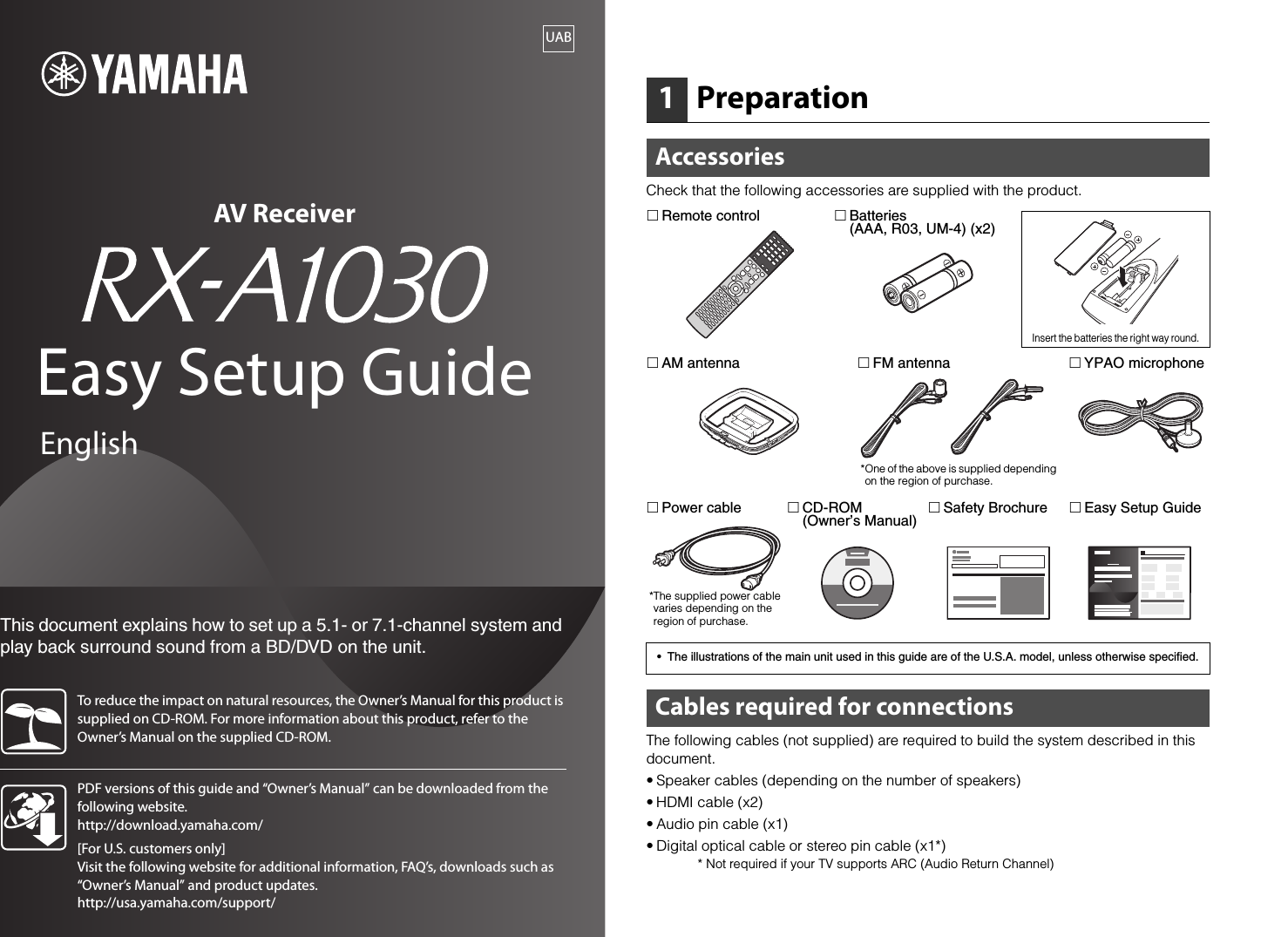 Page 1 of 8 - Yamaha  RX-A1030 Easy Setup Guide Esg UAB