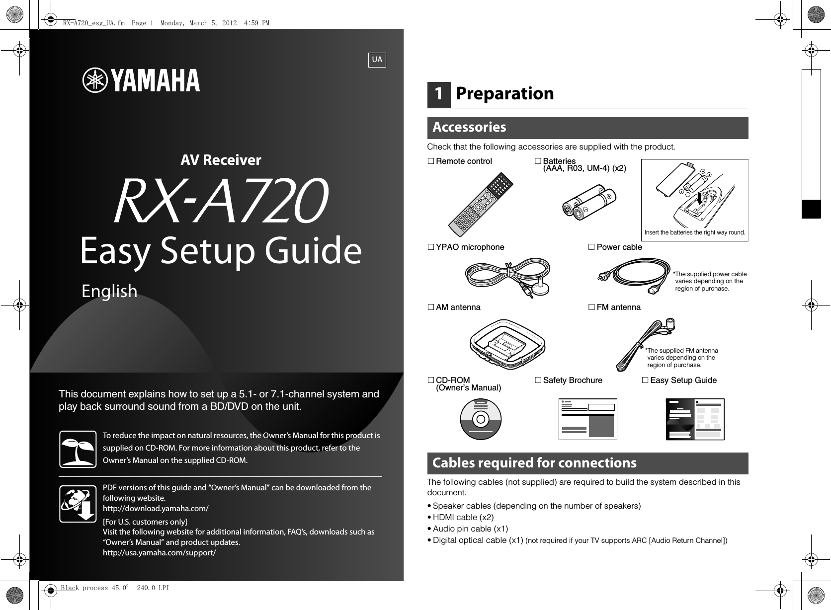Page 1 of 8 - Yamaha  RX-A720 Easy Setup Guide Esg UA-1
