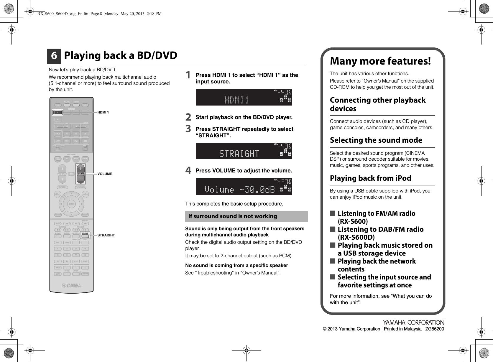 Page 8 of 8 - Yamaha  RX-S600/RX-S600D Easy Setup Guide RX-S600 S600D Esg UAB