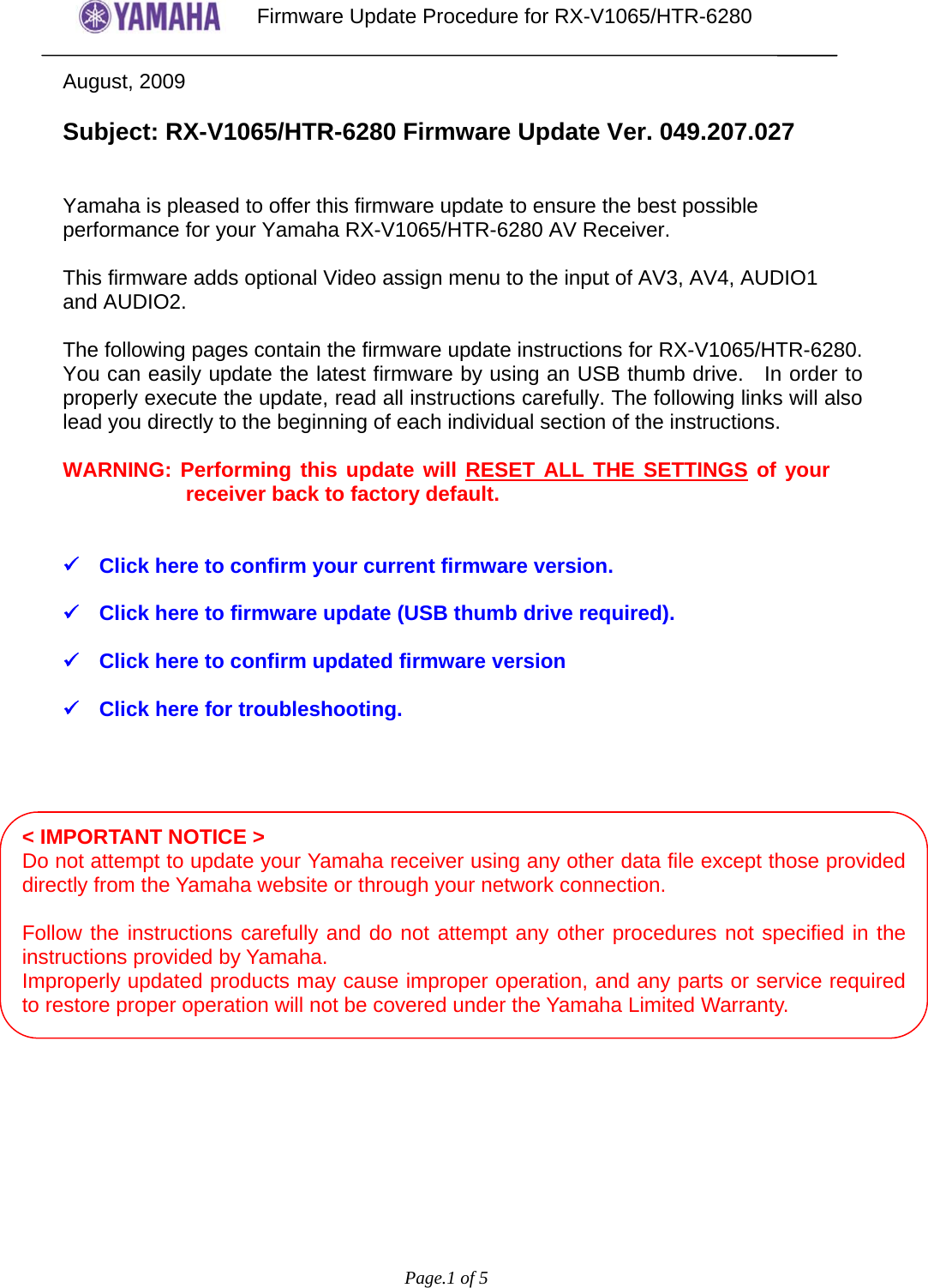 Page 1 of 5 - Yamaha - RXV1065 UserUpdate Instruction__V__rev5 RX-V1065/HTR-6280 Firmware Update Ver. 049.207.027 HTR-6280 Instructions V.049.207.027