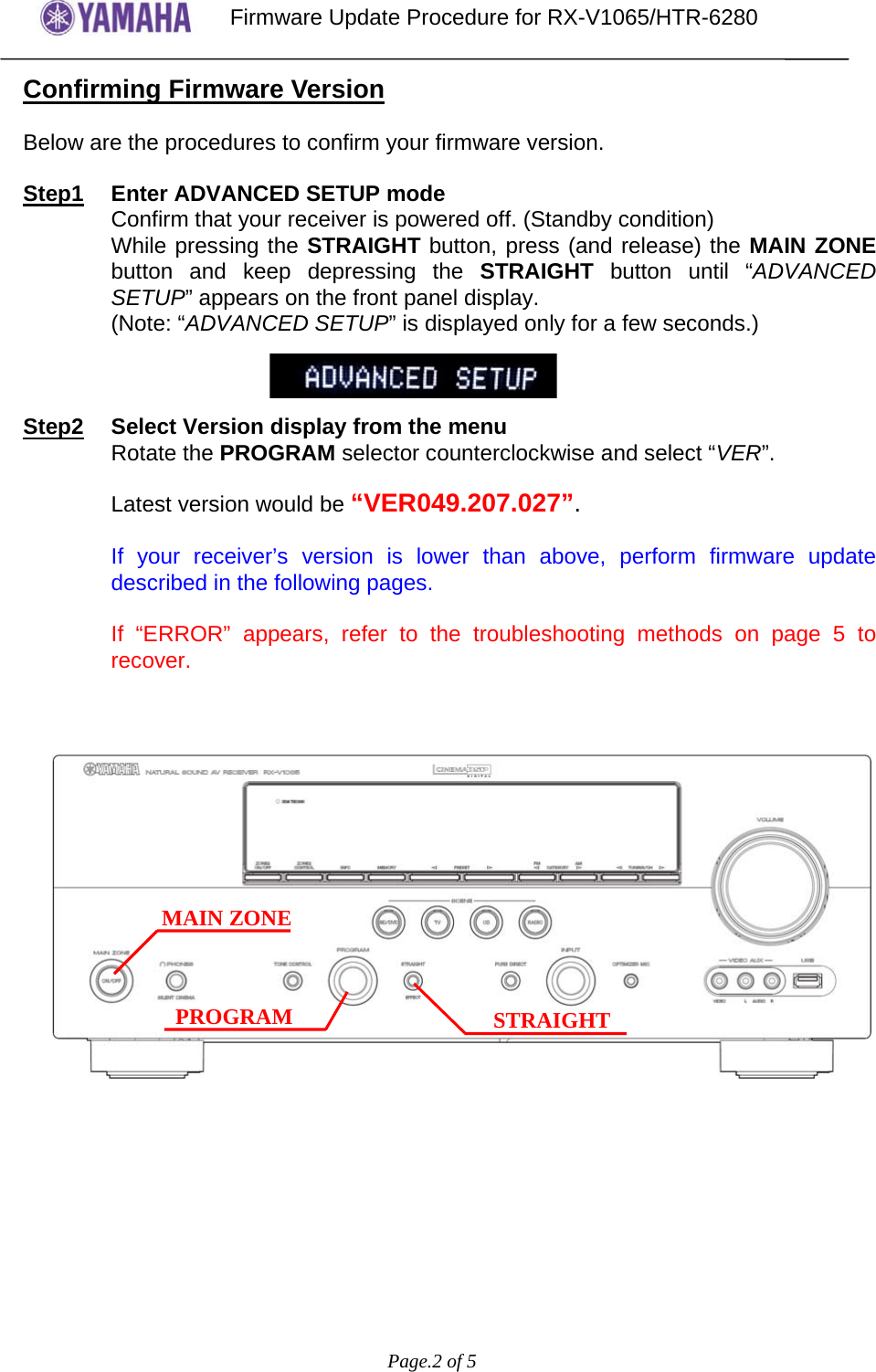 Page 2 of 5 - Yamaha - RXV1065 UserUpdate Instruction__V__rev5 RX-V1065/HTR-6280 Firmware Update Ver. 049.207.027 HTR-6280 Instructions V.049.207.027