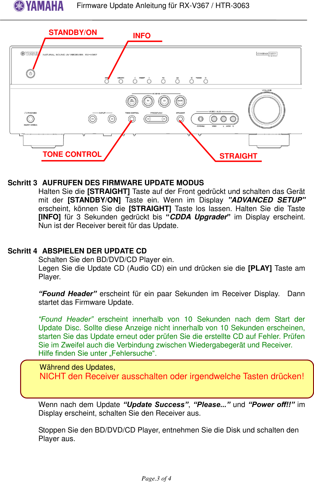 Page 3 of 4 - Yamaha User Firmware Update Procedure Installation Manual :RX-V367/HTR-3063 Version C022(German) RXV367 FW Ver C022 Deu