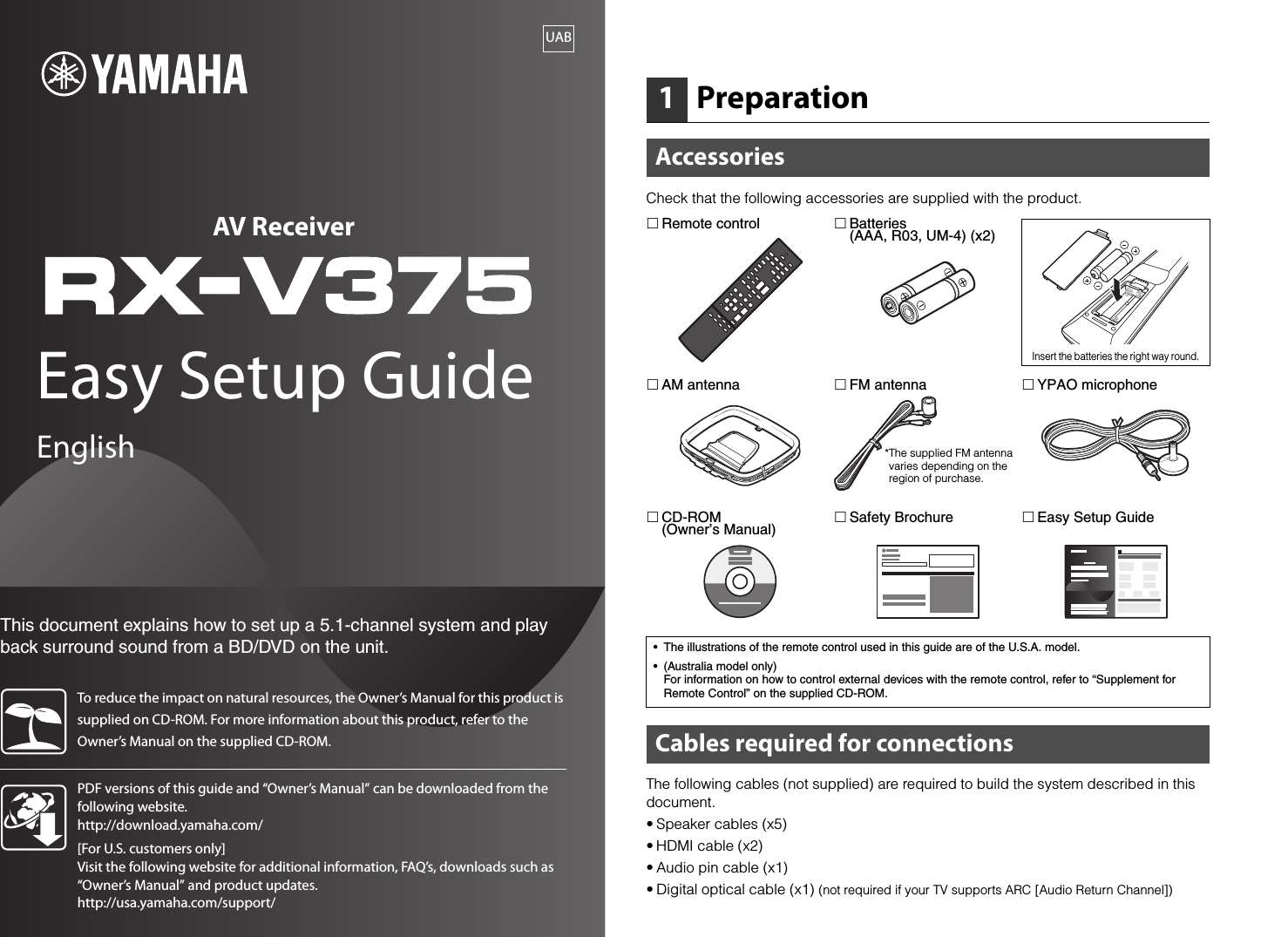 Page 1 of 8 - Yamaha  RX-V375 Easy Setup Guide Esg UAB En