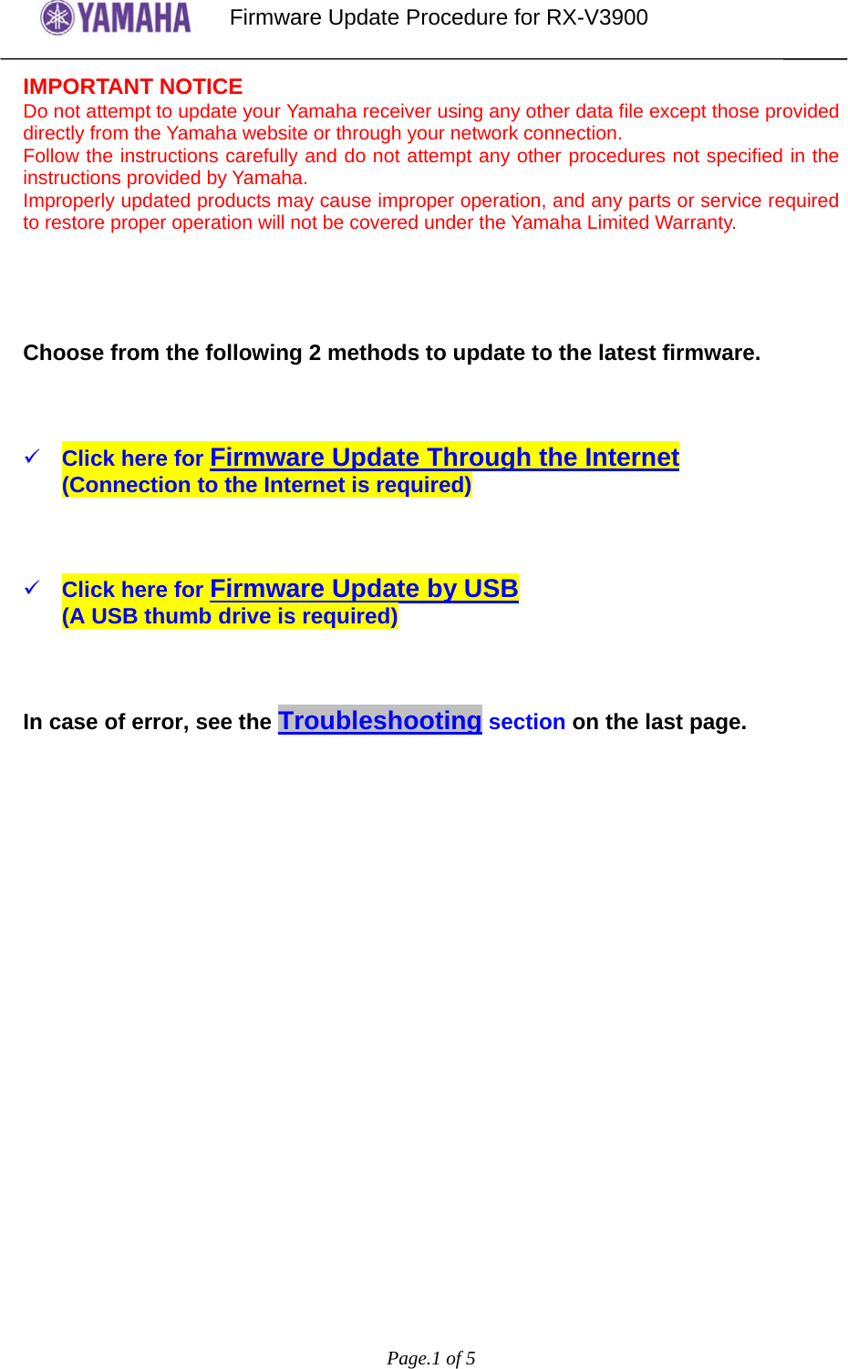 Page 1 of 5 - Yamaha Firmware Update RX-V3900 Version 1.23_Installation_Manual RXV3900