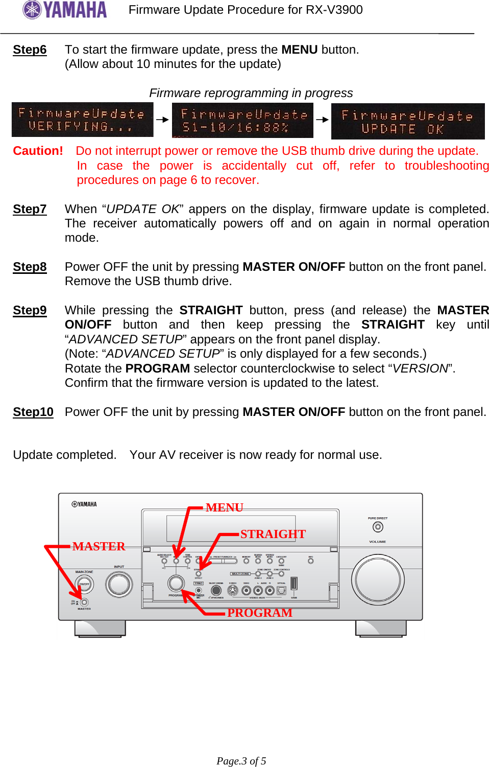Page 3 of 5 - Yamaha Firmware Update RX-V3900 Version 1.23_Installation_Manual RXV3900