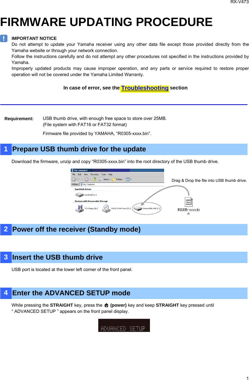 Page 1 of 3 - Yamaha Firmware Update RX-V473 Version 1.16_Installation_Manual RXV473