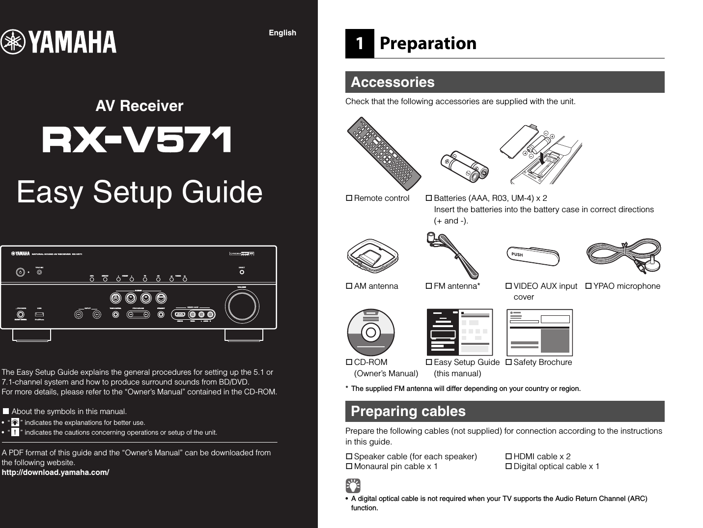 Page 1 of 8 - Yamaha  RX-V571 Easy Setup Guide