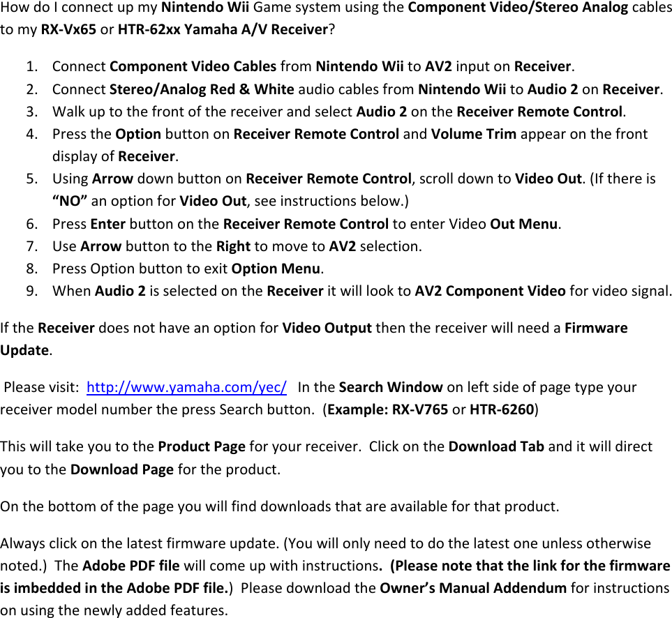 Page 2 of 2 - Yamaha - Wii Canx RX-V765 Game Console Hookup Diagram For Component Video/Analog Audio Video HDMI Out TV