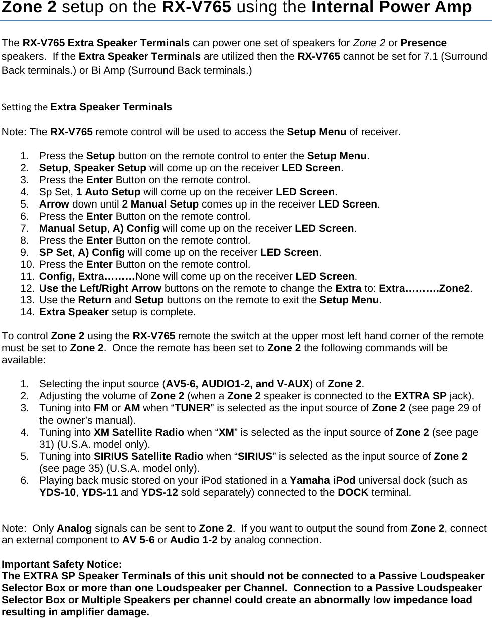 Page 2 of 2 - Yamaha - 765 Zone 2x RX-V765 2 Hookup Example With Instructions