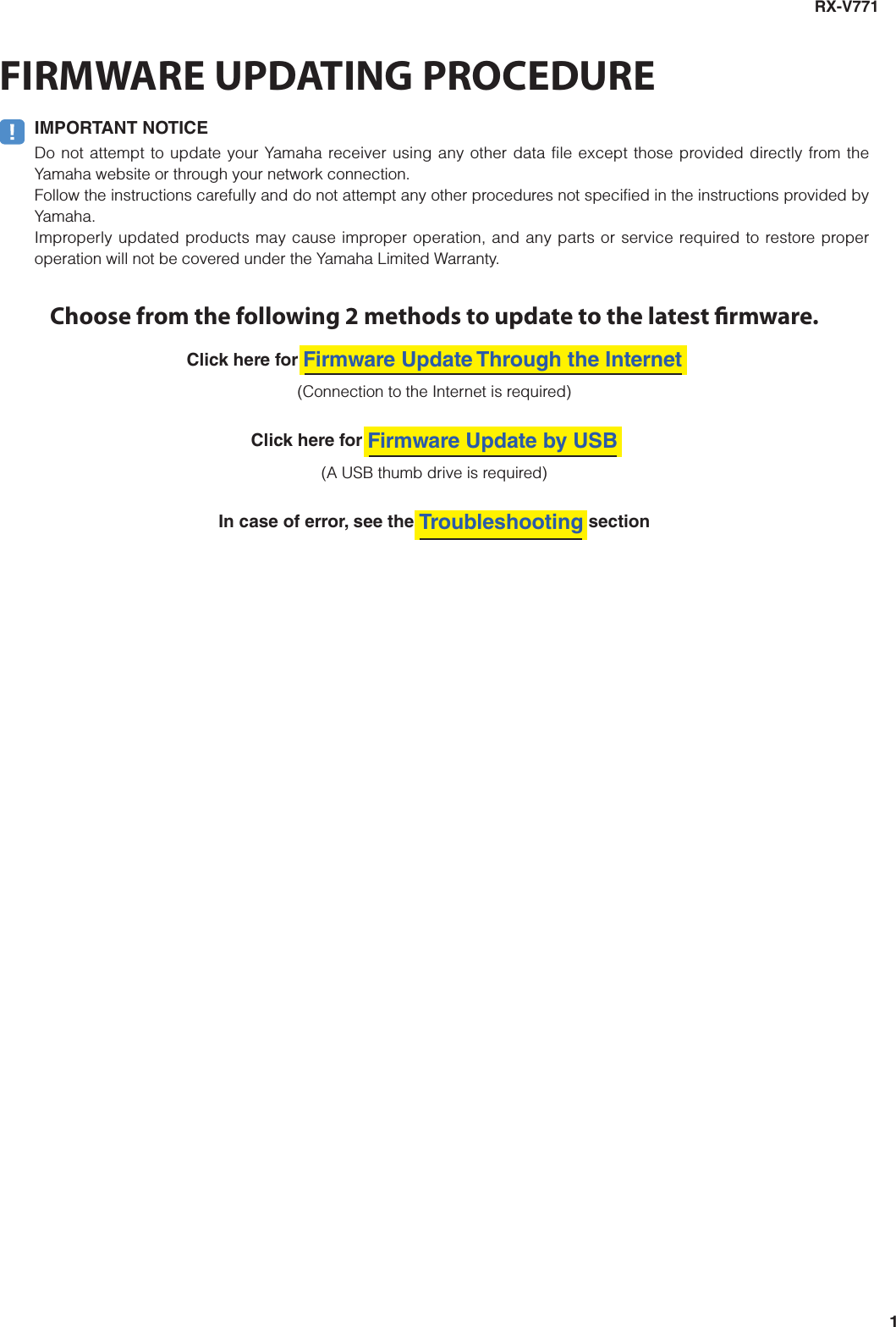 Page 1 of 6 - Yamaha FIRMWARE UPDATING PROCEDURE RX-V771 Update_Installation_Manual RXV771 Installation Manual