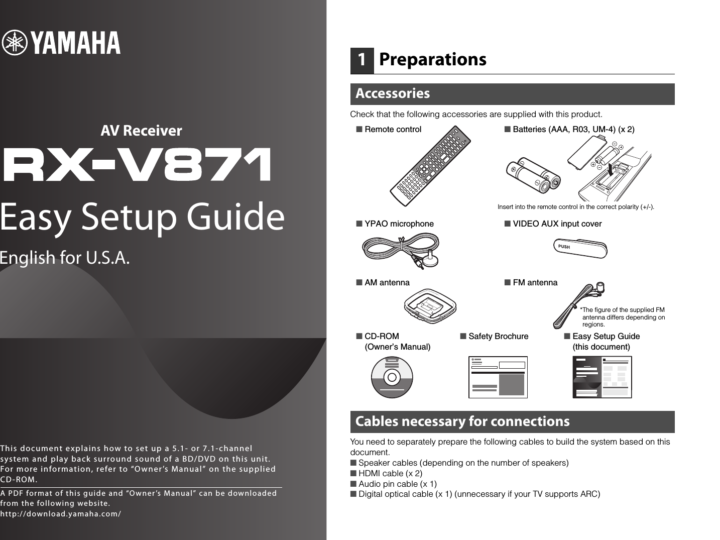Page 1 of 8 - Yamaha  RX-V871 Easy Setup Guide (USA )