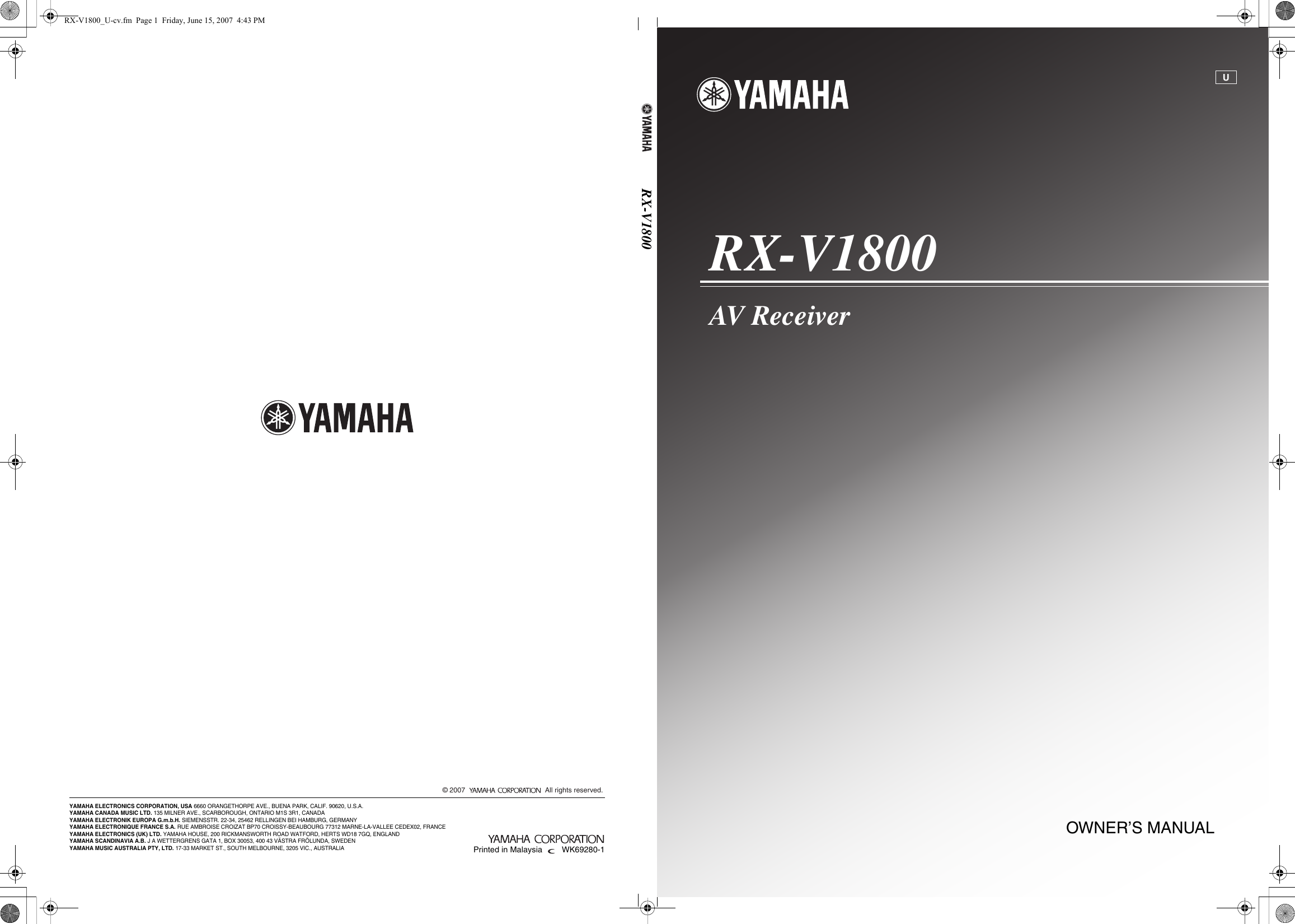 Yamaha Rx V1800 Owners Manual