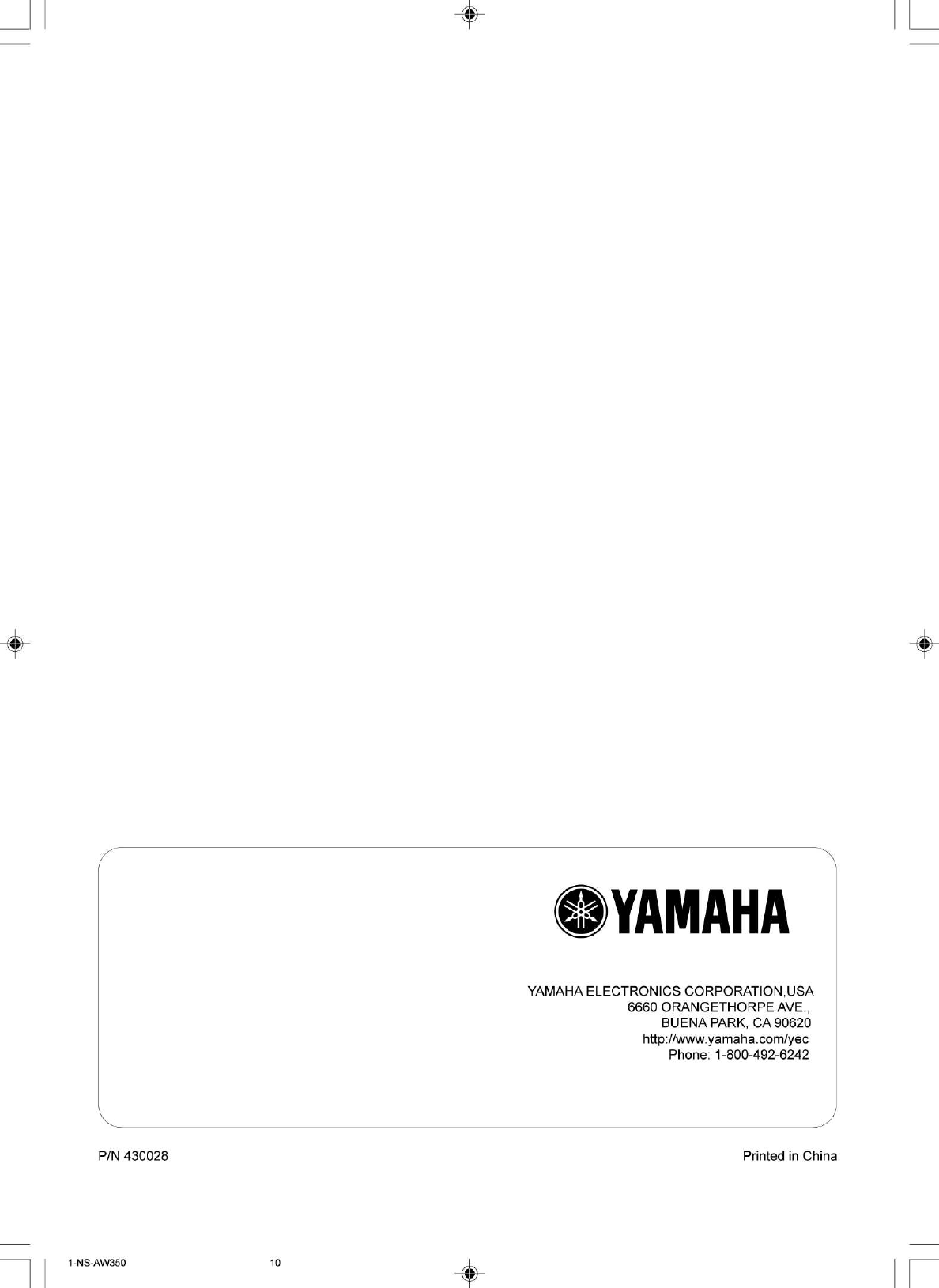 Page 10 of 10 - Yamaha Speaker-System-Ns-Aw350-Users-Manual  Yamaha-speaker-system-ns-aw350-users-manual