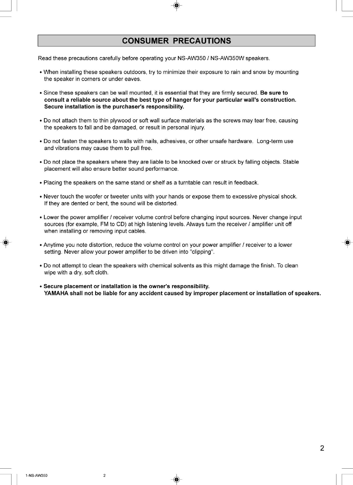 Page 2 of 10 - Yamaha Speaker-System-Ns-Aw350-Users-Manual  Yamaha-speaker-system-ns-aw350-users-manual