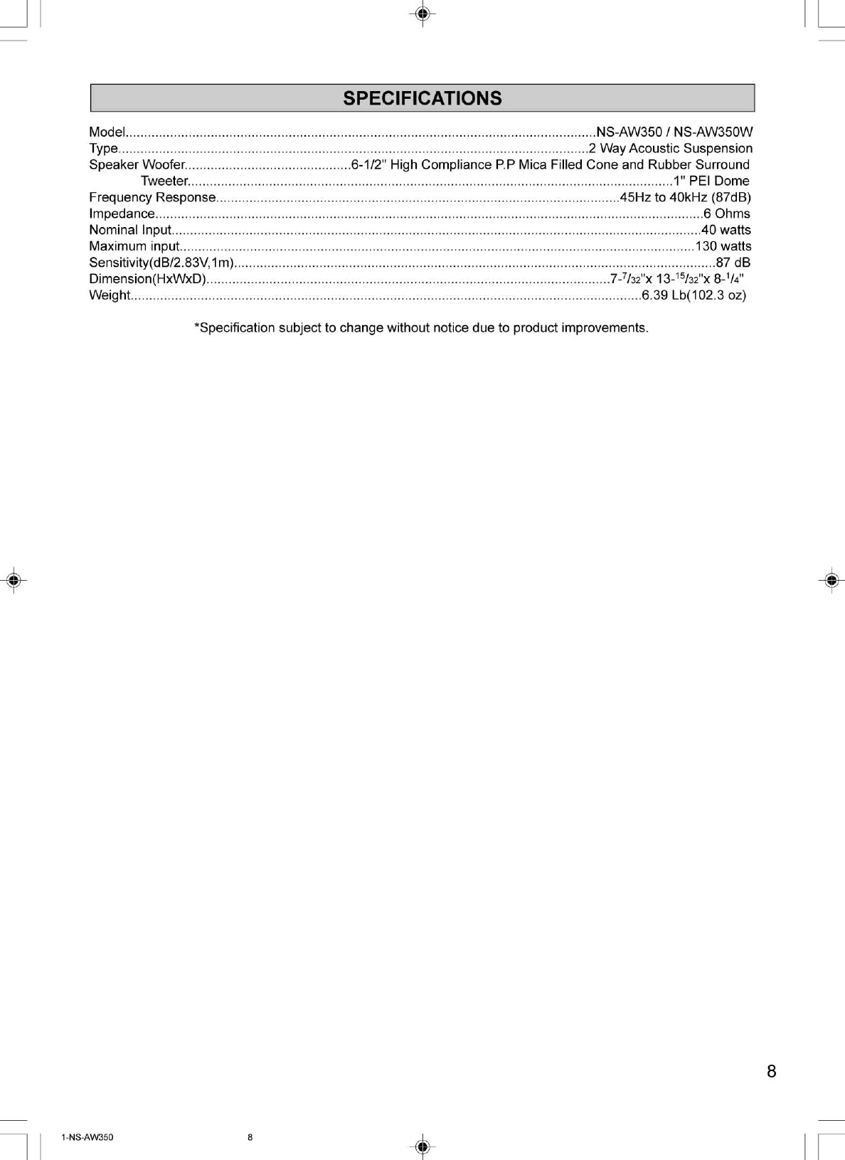 Page 8 of 10 - Yamaha Speaker-System-Ns-Aw350-Users-Manual  Yamaha-speaker-system-ns-aw350-users-manual