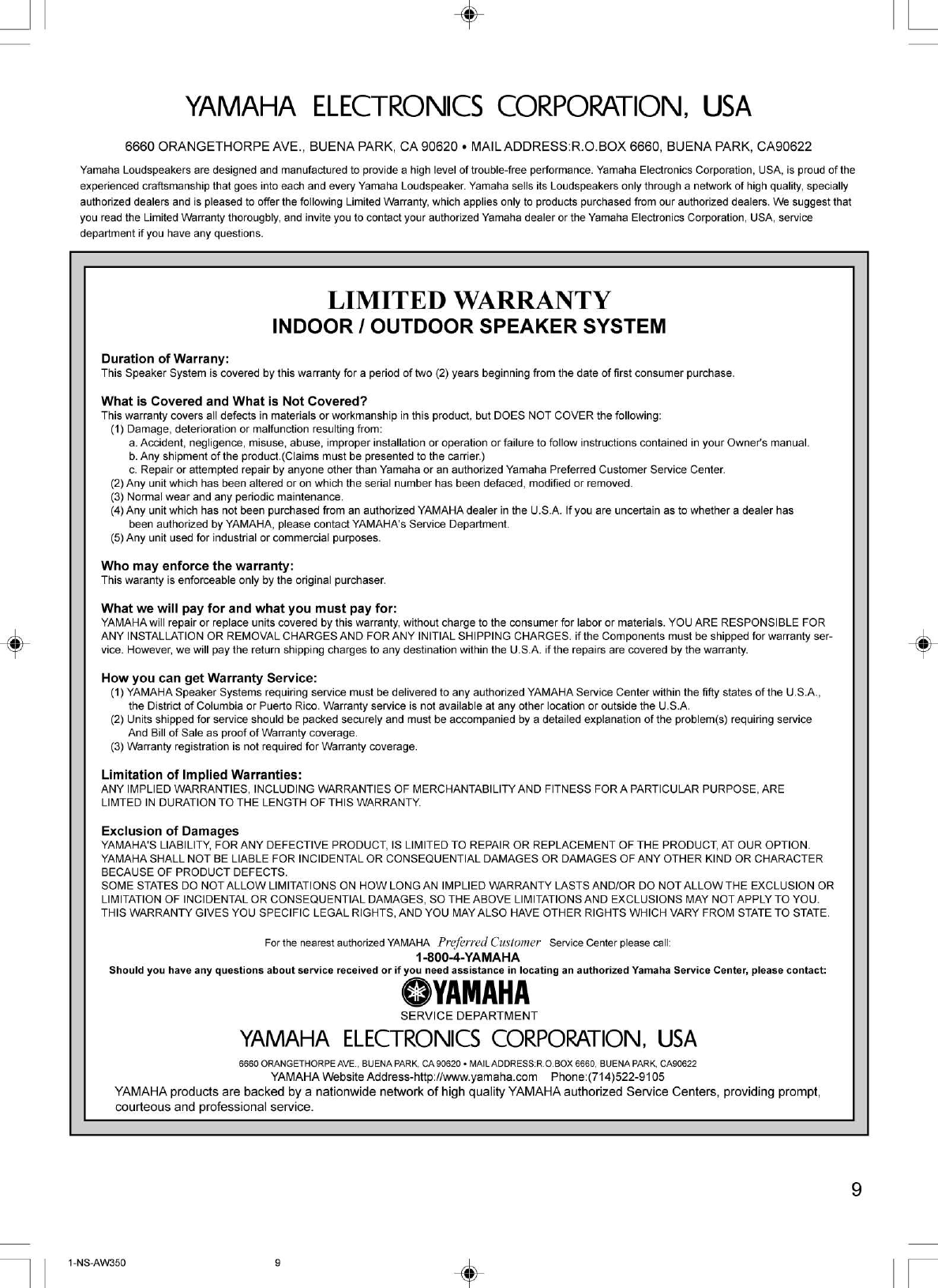 Page 9 of 10 - Yamaha Speaker-System-Ns-Aw350-Users-Manual  Yamaha-speaker-system-ns-aw350-users-manual