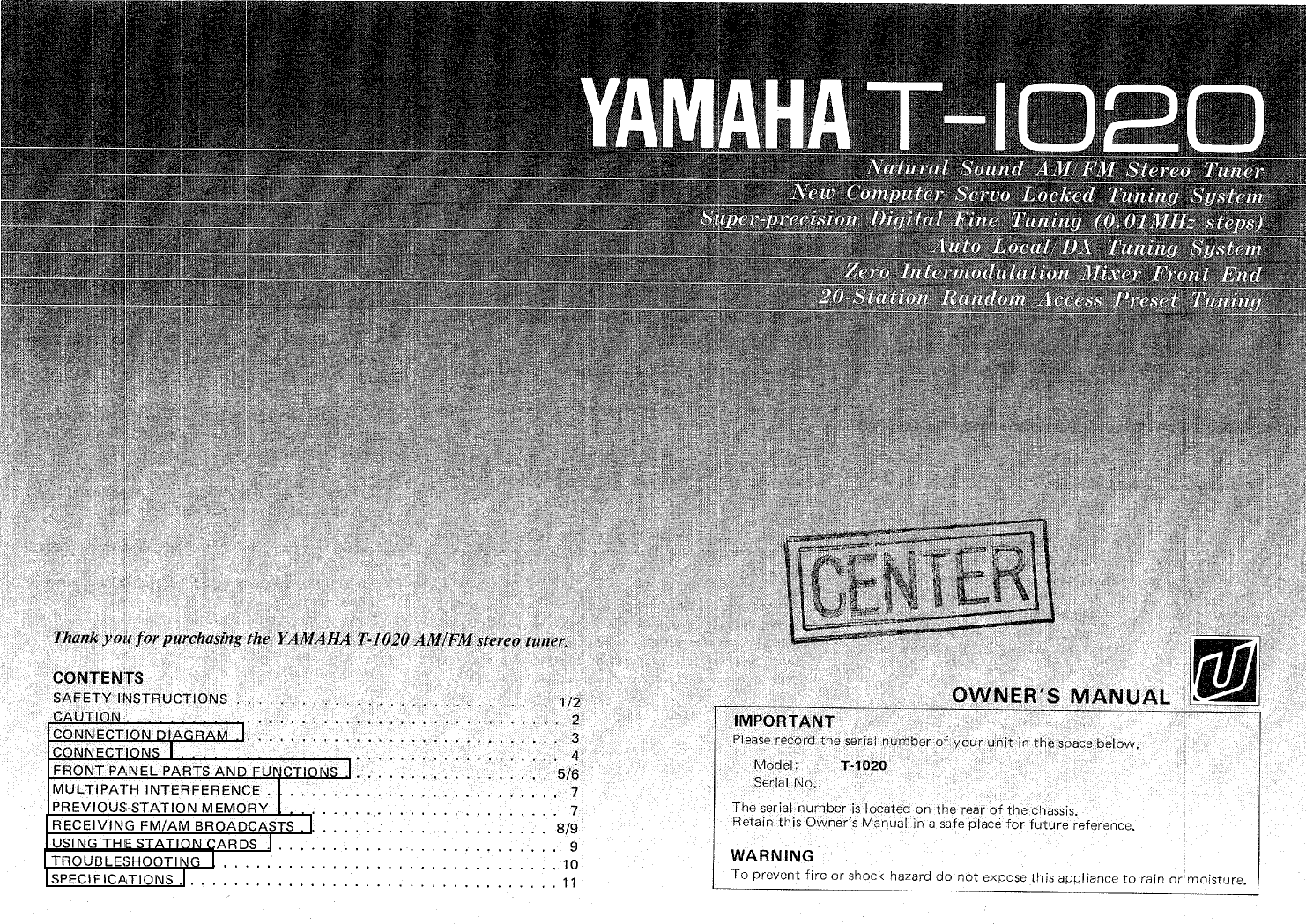 Page 1 of 12 - Yamaha .橡.ページ) T-1020 OWNER'S MANUAL