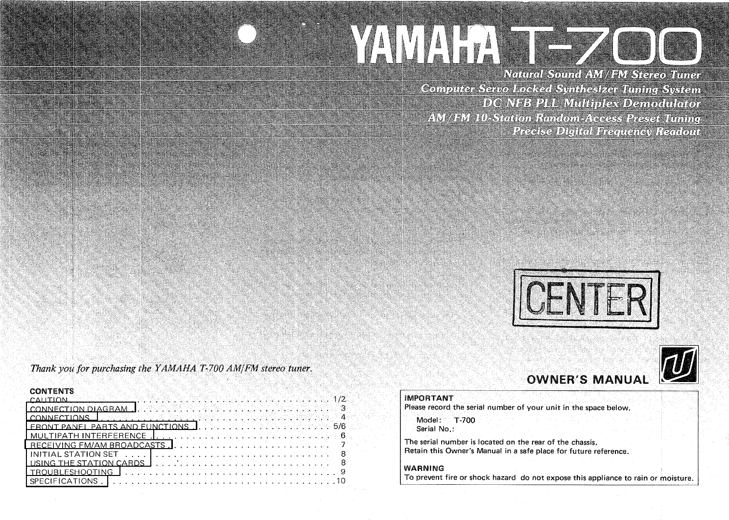 Page 1 of 12 - Yamaha .橡.ページ) T-700 OWNER'S MANUAL