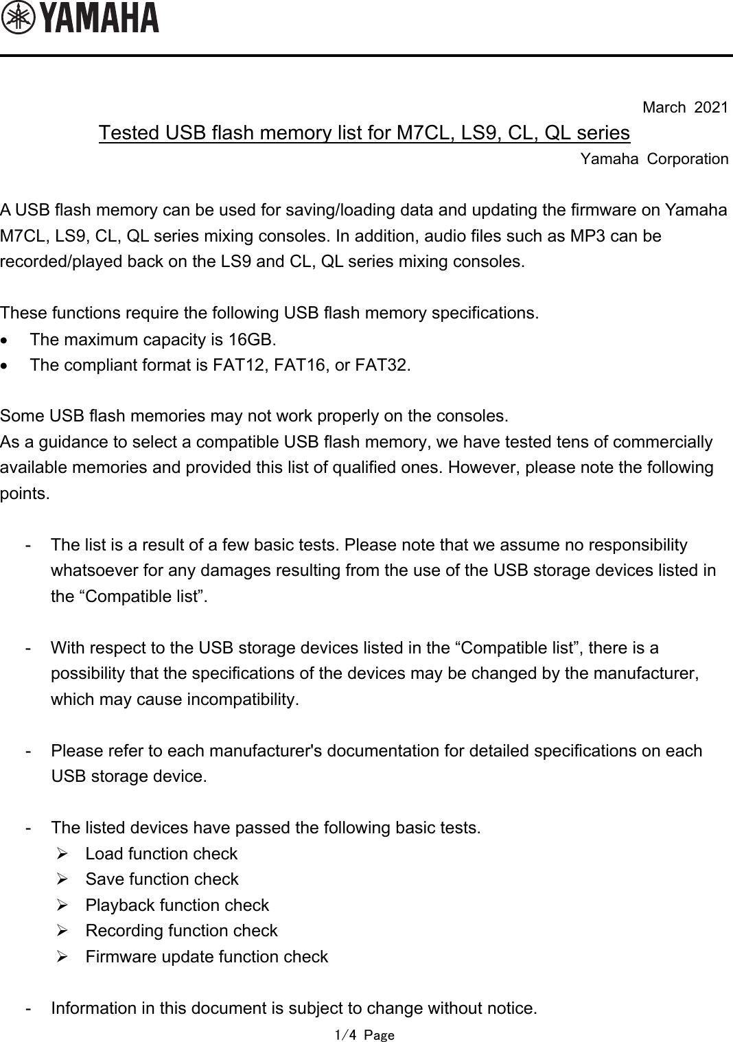 Page 1 of 4 - Yamaha Ed USB Flash Memory List For M7CL, LS9, CL, QL Series CL/QL Series, LS9 Ed-USB-flash-memory-list-for-M7CL-LS9-CL-QL-series 20210318-en